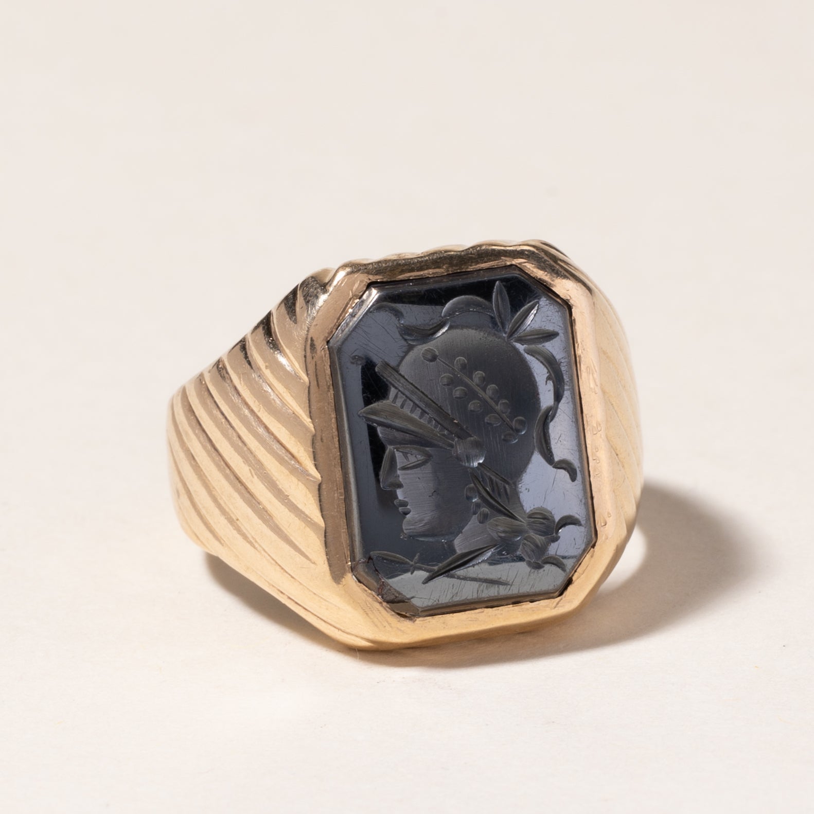 10K Yellow Gold Carved Hematite Ring for Women | 4.70ct Oval Gemstone | Size 9.25 | Elegant Statement Jewelry for Evening Wear, Weddings & Special Occasions