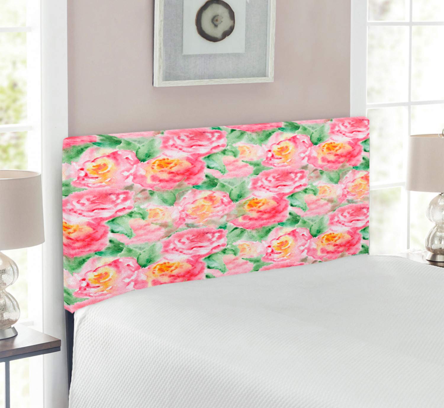 Ambesonne Watercolor Floral Headboard - Soft Pink & Green Rose Flower with Leaves Design, Upholstered Metal Bed Frame with Memory Foam, Twin Size | Perfect for Bedroom Decor, Guest Room & Nursery