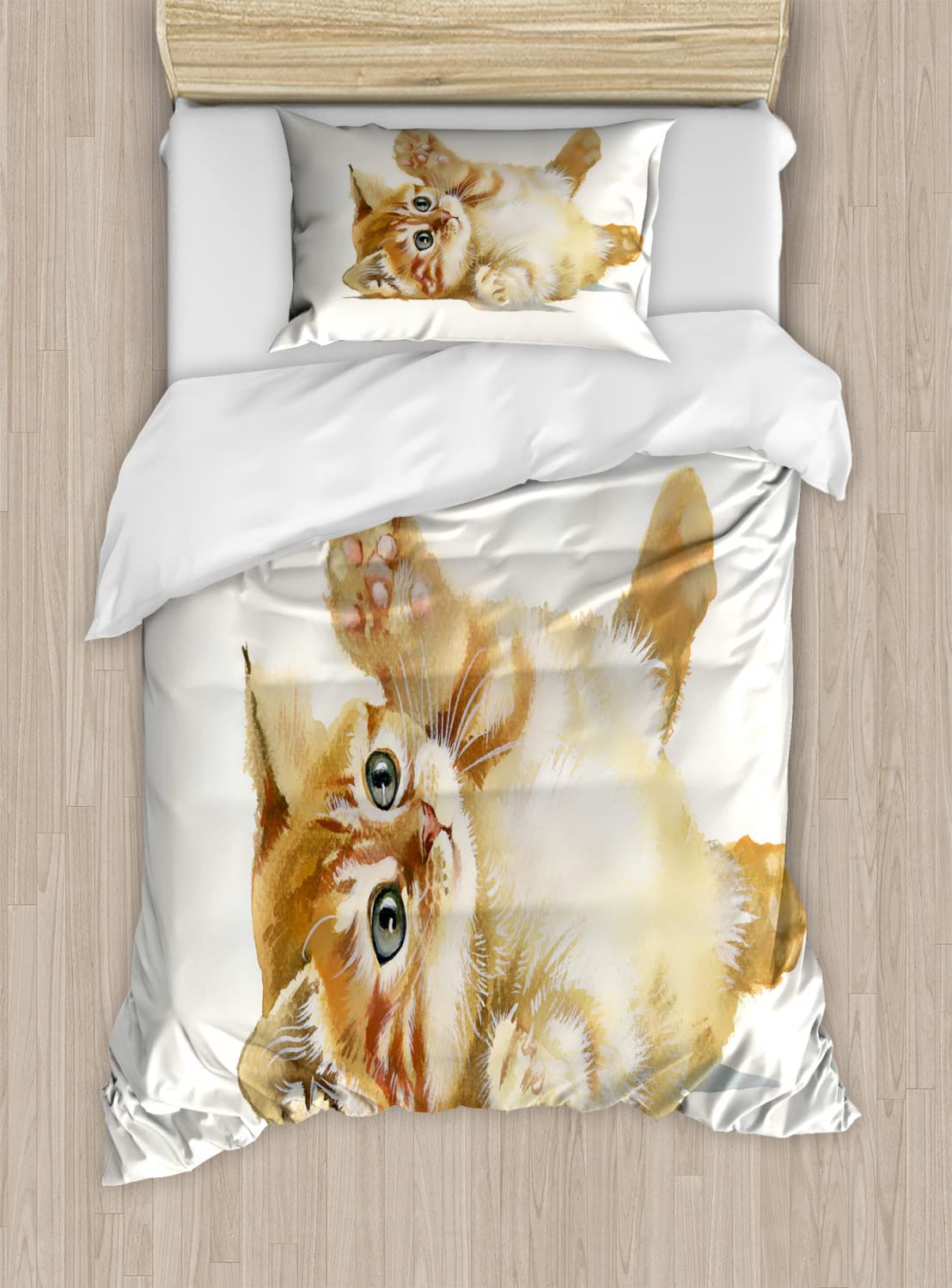 Ambesonne Animal Duvet Cover Set - King Size 2-Pack with 2 Duvet Covers & 4 Pillowcases | Watercolor Hand-Drawn Cat Playing with Feather Design in Apricot Cream White | Soft Bedding for Cozy Bedroom Decor, Guest Room & Dorm Essentials