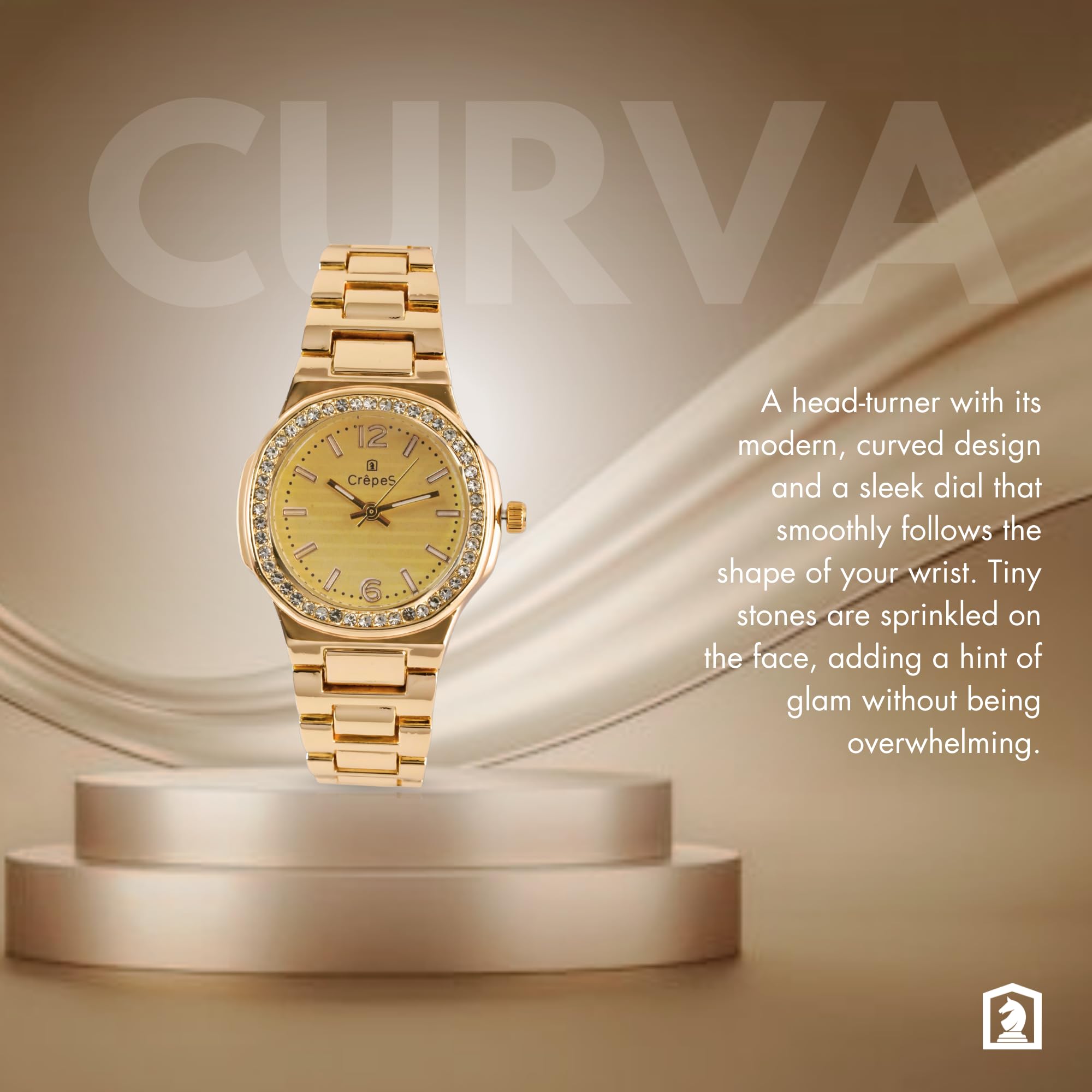 CrepeS Curva Stone Metal Strap Watch for Women - Elegant Semi-Round Dial with Sparkling Stones | Premium Stainless Steel Band | Accurate Quartz Movement | Perfect Gift for Her, Wife, Sister & Mother | Ideal for Office, Party & Special Occasions