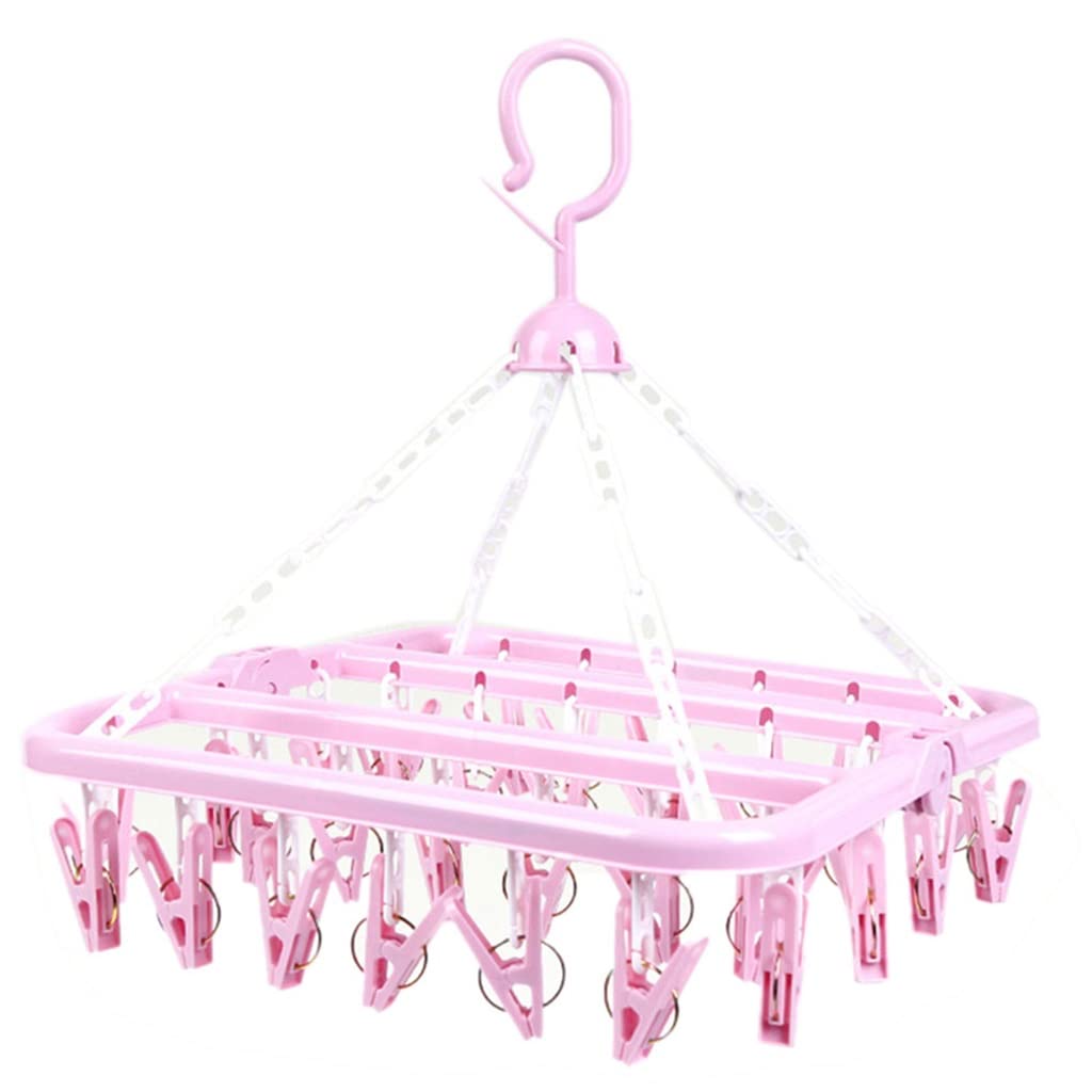 FSYSM 36 Clips Foldable Clothes Drying Rack - Pink Windproof Laundry Hanger for Socks, Underwear & Delicates (32x32x35cm) - Space Saving Closet Organizer for Small Apartments & Dorm Rooms