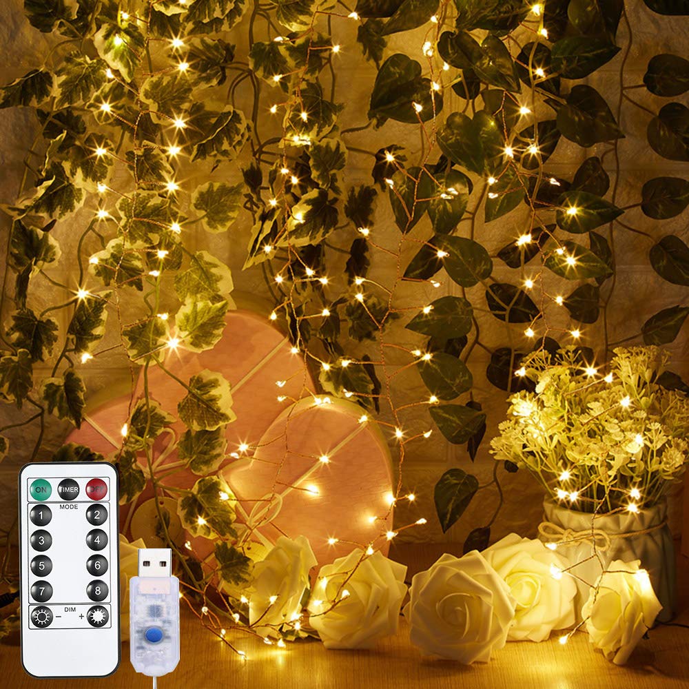 Fesjoy 2M 200 LED Firecracker String Lights - USB Powered with 8 Lighting Modes, Waterproof Outdoor/Indoor Decoration for Wedding, Christmas, Party, Garden, Patio (Warm White)