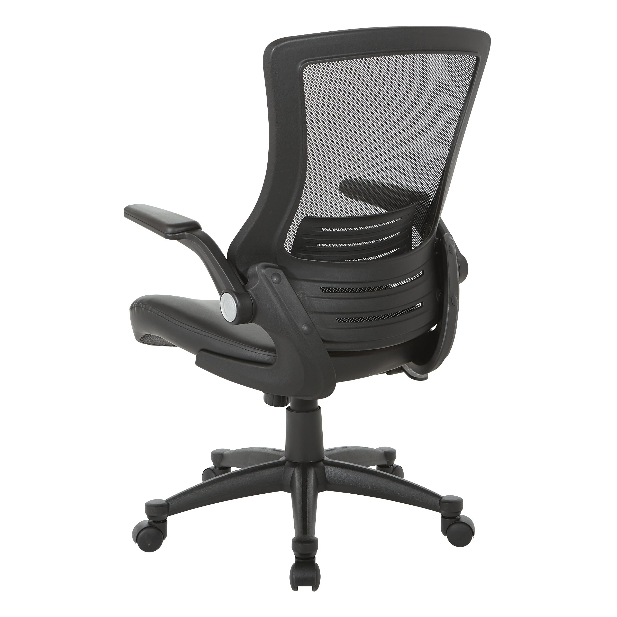 Office Star Ventilated Black Mesh Back Fully Adjustable Ergonomic Office Chair with Padded Flip-Up Arms and Swivel Nylon Base - Black Faux Leather Executive Chair for Home Office & Workspace