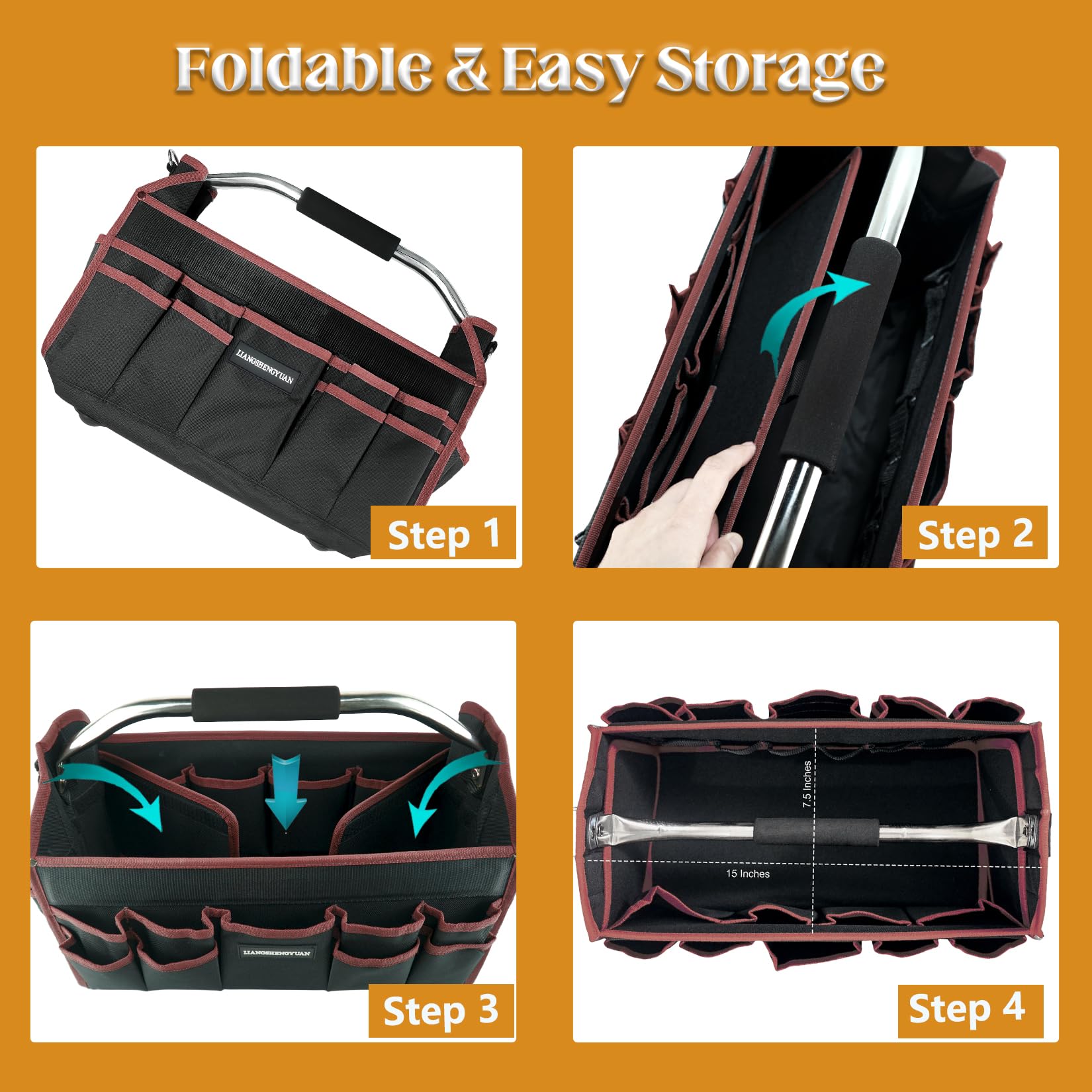 16-Inch Heavy Duty Open Top Tool Tote Bag with 30 Pockets - Waterproof Electrician Tool Carrier for Men - Foldable Wide Mouth Design with Stainless Steel Handle & Removable Shoulder Strap - Perfect for Construction, HVAC Work and DIY Home Improvement Projects