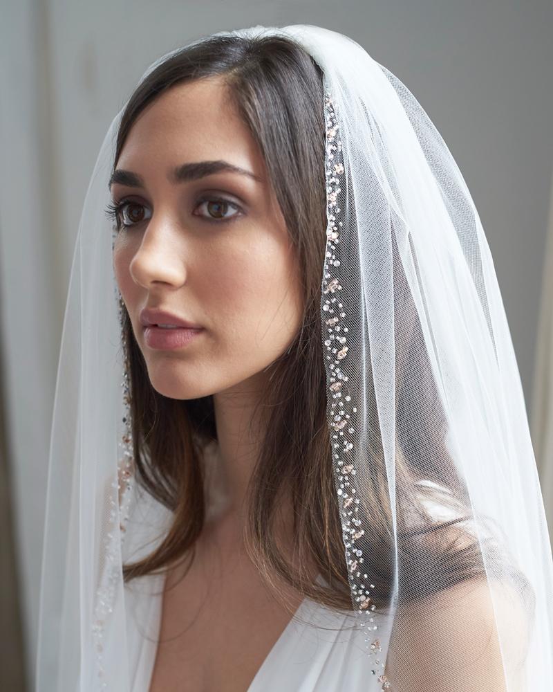 Elegant Blush Pink Beaded Wedding Veil with Pearl Accents - Perfect for Bridal Ceremonies, Photos & Special Occasions