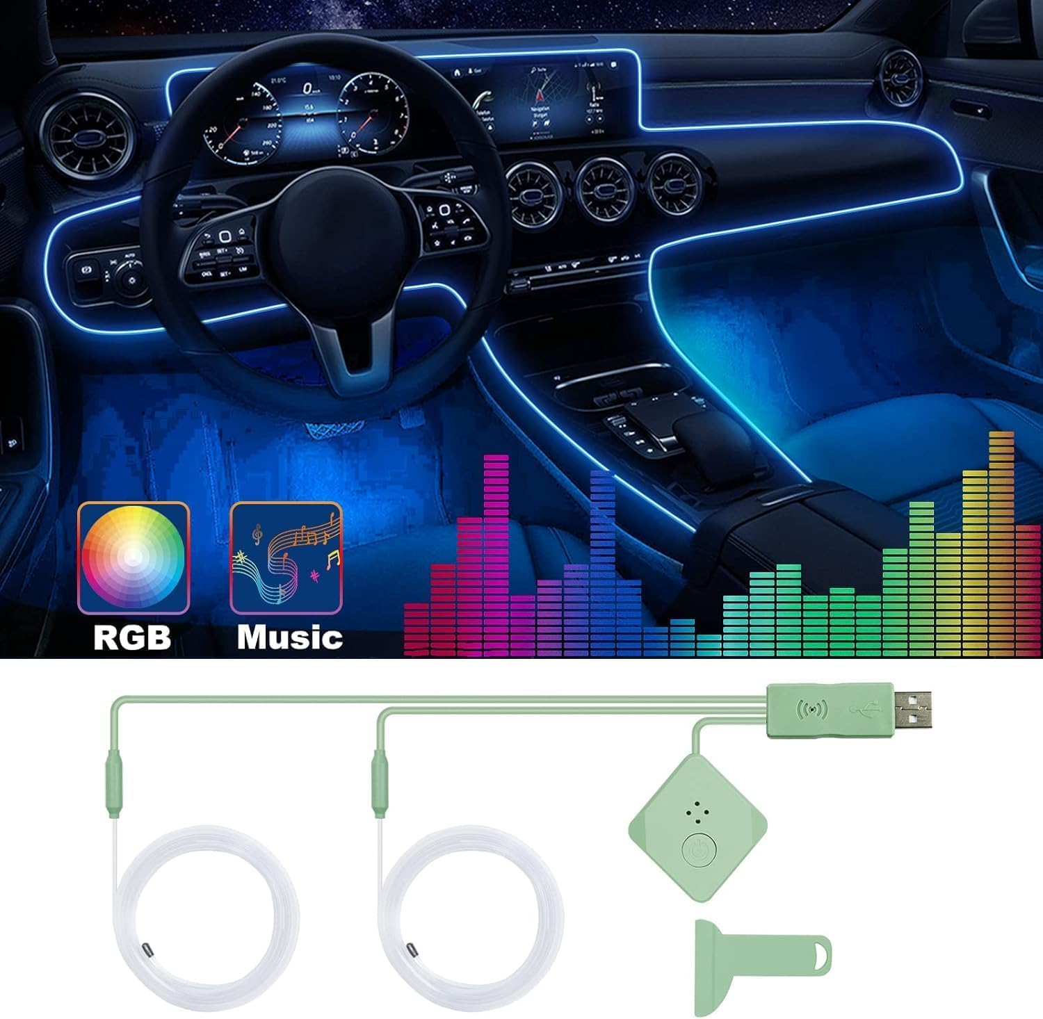 Car LED Strip Lights - Interior Ambient Lighting Kit with RGB 16 Million Colors, Fiber Optics & Music Sync Rhythm, USB Neon Light Accessories for Center Console & Dashboard (Upgraded Version) - Perfect for Car Decor, Night Driving & Party Atmosphere