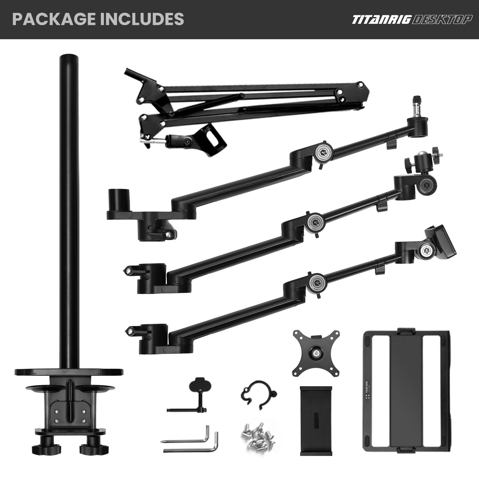 TARION 4-in-1 Adjustable Overhead Camera Arm Mount for Streaming - Desk Stand with Mic Boom & 3 Articulating Arms for DSLR Camera, Ring Light, Monitor & Laptop - Perfect for Live Streaming, YouTube Videos & Home Office Setup