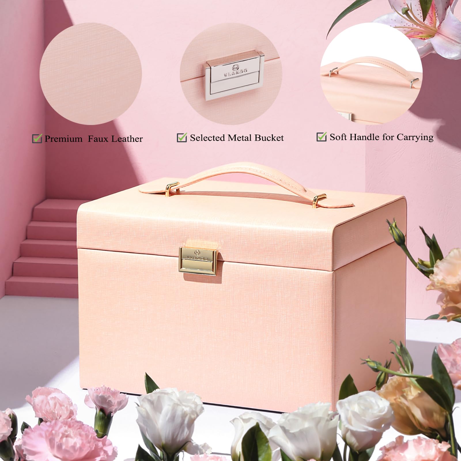 Vlando Leather Jewelry Box Organizer - Mirror Jewelry Storage Case for Necklaces, Earrings, Rings & Bracelets - Pink Jewelry Organizer for Dresser, Vanity & Travel | Perfect Gift for Women & Girls