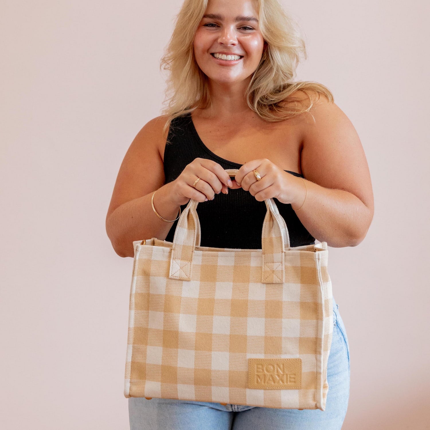Stylish Small Structured Tote Bag in Almond Gingham - Perfect for Work, Shopping & Everyday Use
