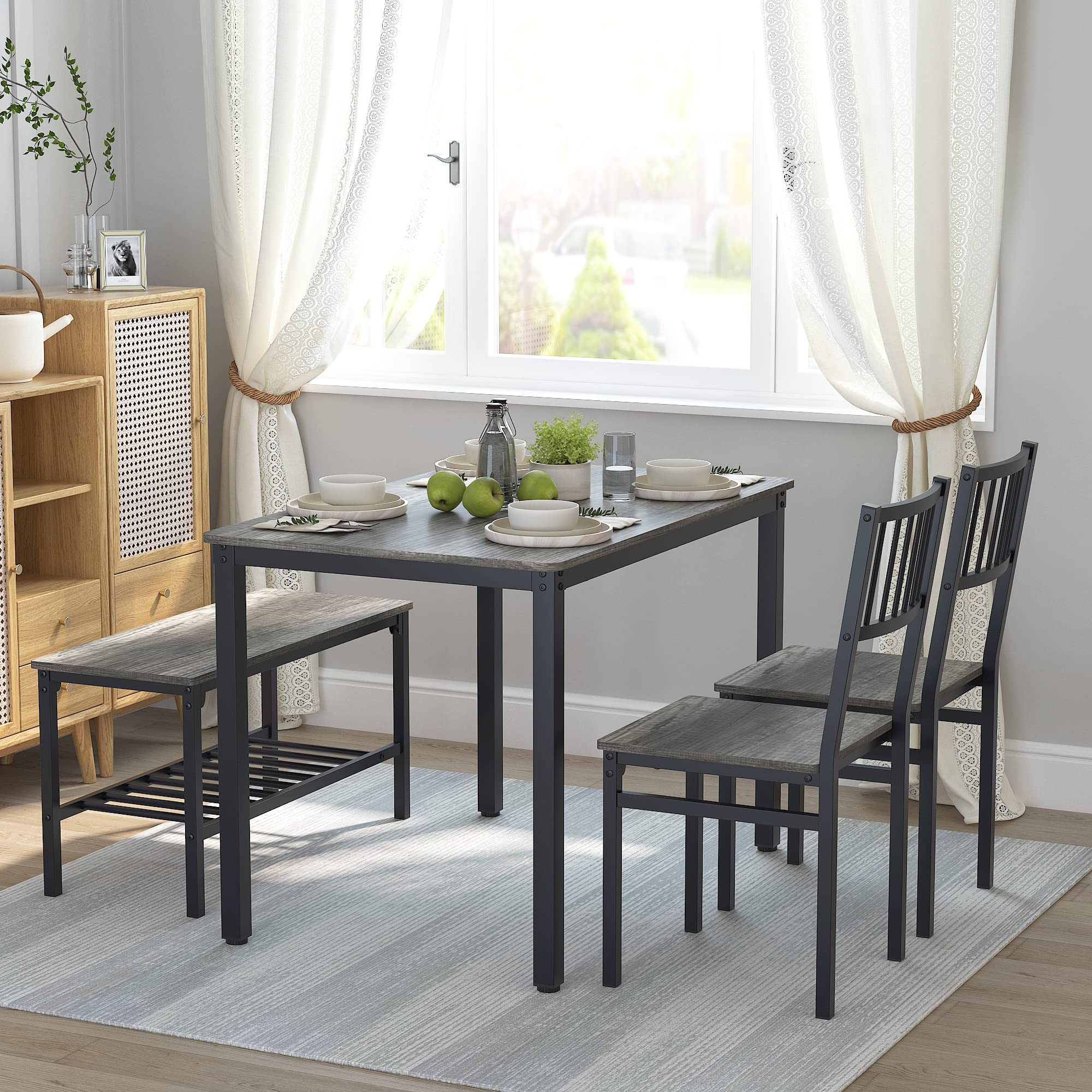 **Teraves 4-Piece Dining Table Set with 2 Chairs & Bench - 120cm Kitchen Table, Computer Desk, Black Oak & Black Frame - Perfect for Small Spaces, Dining Rooms & Home Offices**
