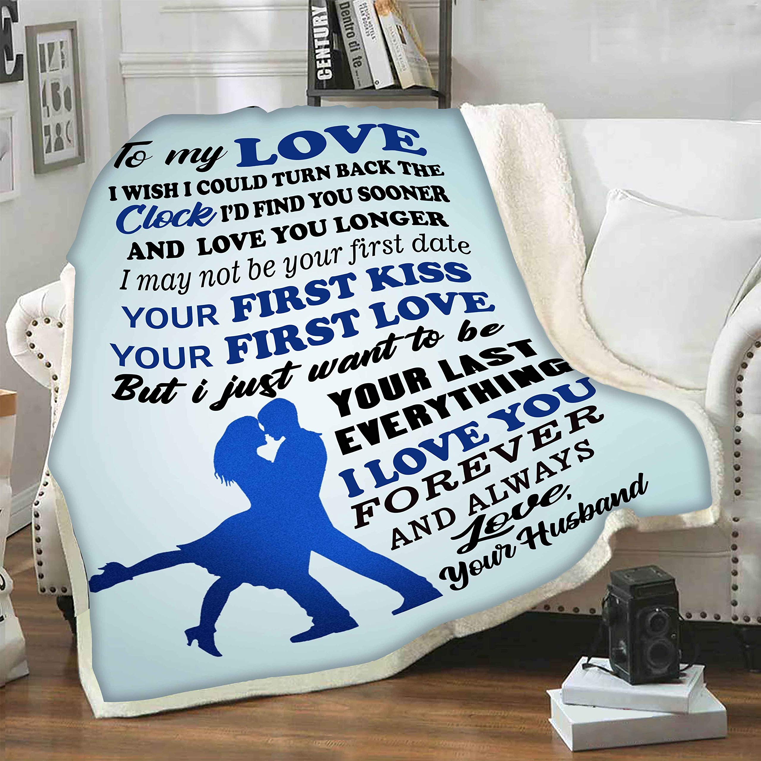 Your First Kiss Your First Love - Premium Fleece Blanket for Wife, Best Anniversary & Valentine's Day Gift, Supersoft Cozy Blanket with Romantic Quotes, Perfect for Cuddling on Cold Nights, Movie Nights, and Romantic Getaways