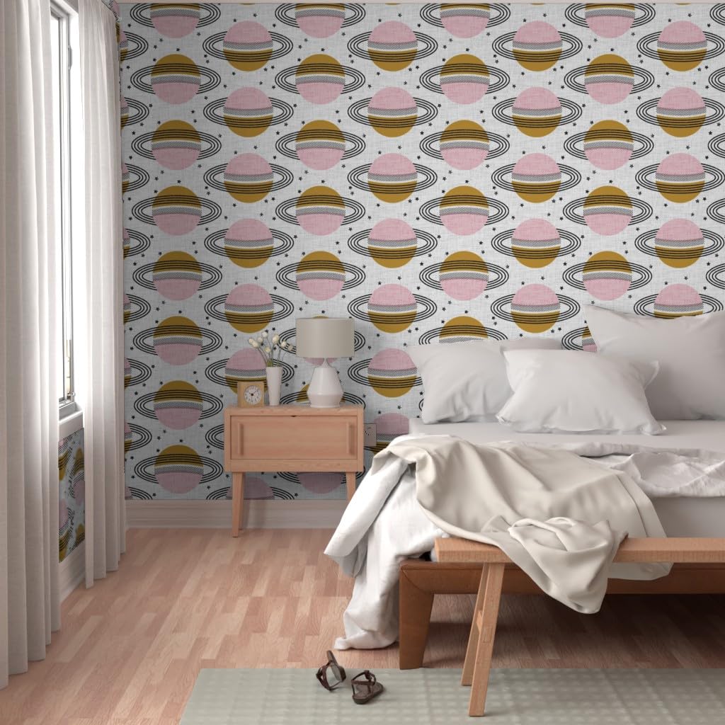 Self-Adhesive Removable Wallpaper - 9ft x 2ft Space Planets Design, Mid-Century Modern Peel & Stick Wallpaper for Bedroom, Nursery, Office Decor | Spoonflower