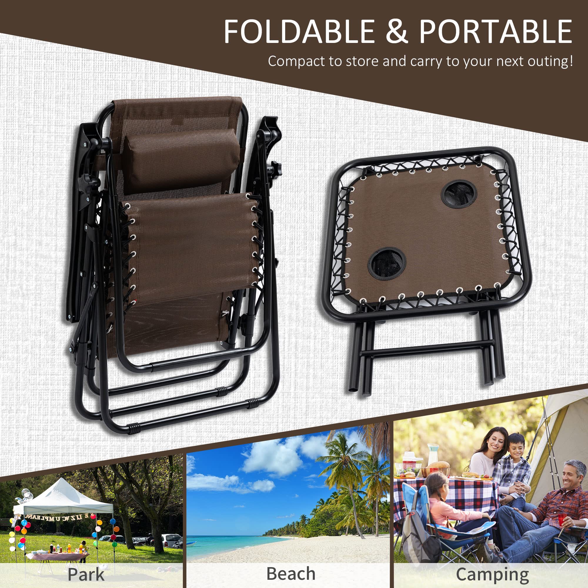 Outsunny Zero Gravity Reclining Chair Set with Side Table - Adjustable Folding Lounge Chair with Cup Holders & Pillows for Pool, Backyard, Beach, Patio - Perfect for Relaxing, Sunbathing & Outdoor Lounging