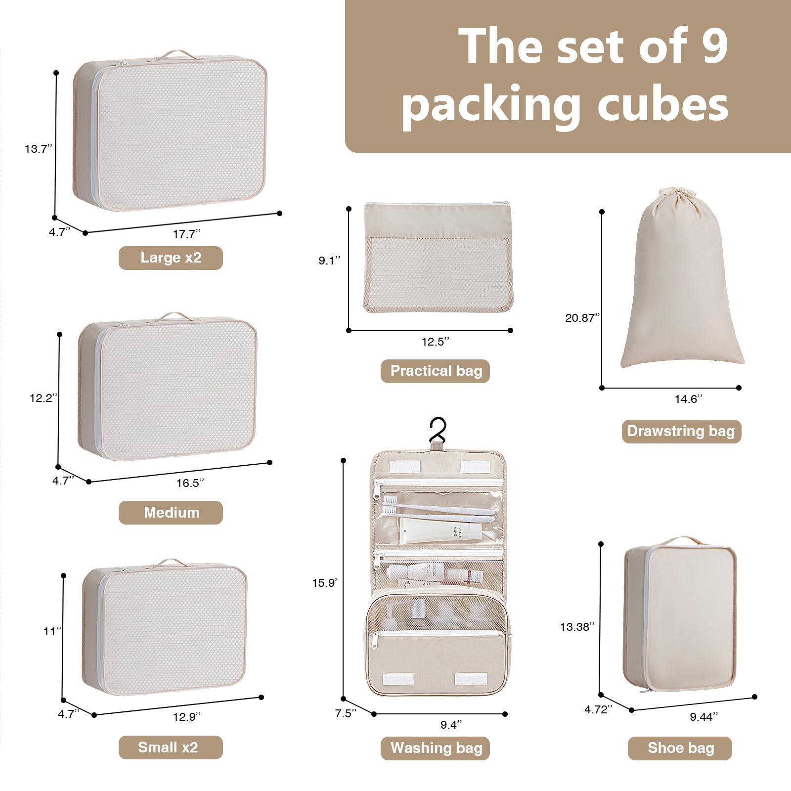 Premium 9-Piece Travel Packing Cubes Set - Large Luggage Organizer with Laundry Bag, Shoe Bag & Toiletry Bag (Beige) | Perfect for Business Trips, Vacations & Weekend Getaways