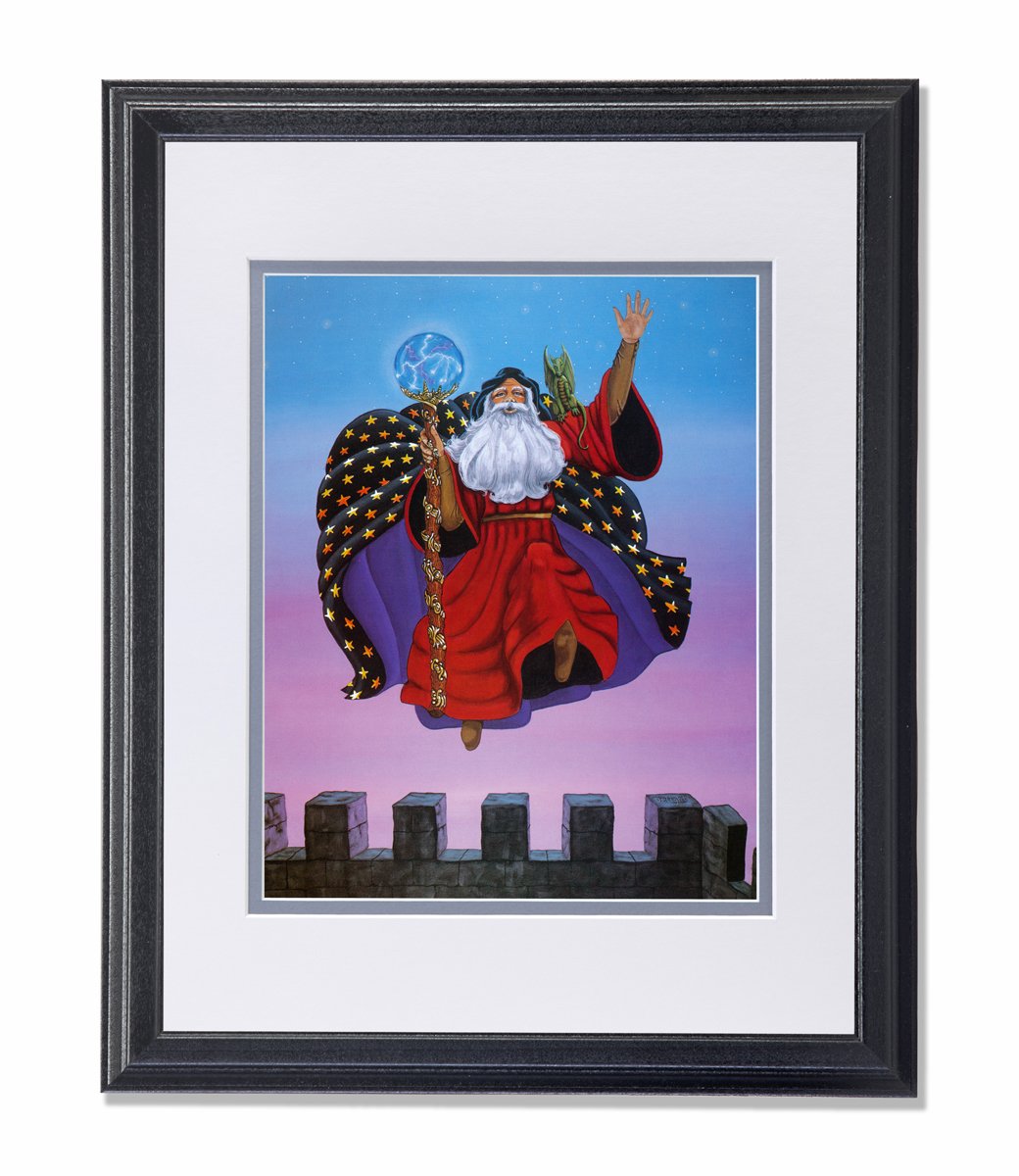 Fantasy Wizard Crystal Ball Wall Art Print - Matted & Framed Jumping Castle Decor for Kids Room, Nursery, or Playroom - Perfect for Themed Parties & Magical Bedroom Designs