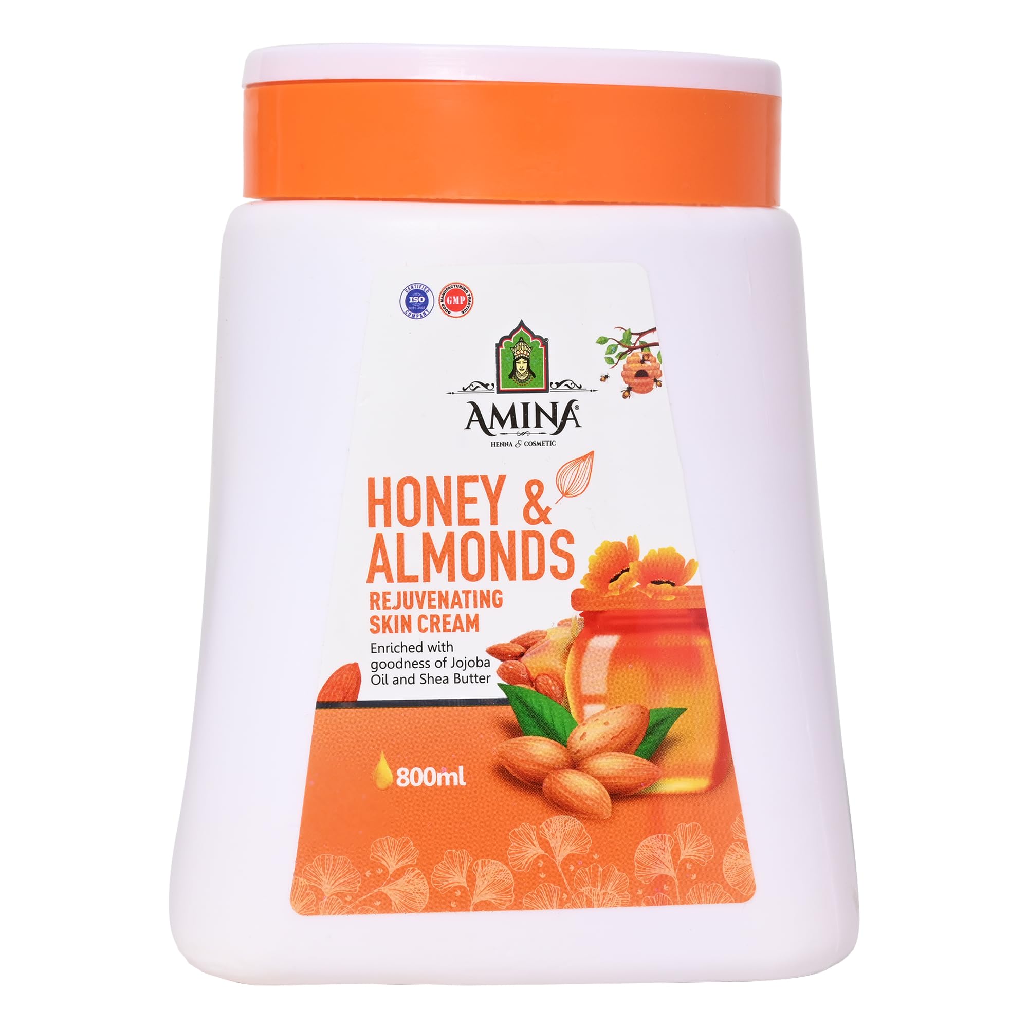 AMINA Honey & Almonds Rejuvenating Skin Cream with Jojoba Oil & Shea Butter - Deeply Nourishing Face & Body Moisturizer for Dry Skin (800ml) | Perfect for Daily Hydration, Night Care & Winter Skin Protection