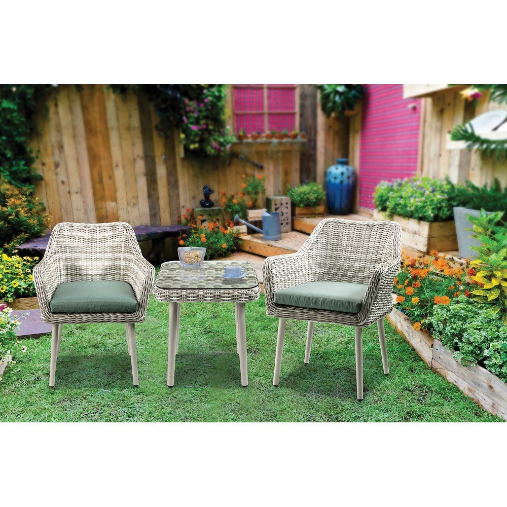 XC 3-Piece Patio Furniture Set - PE Rattan Wicker Chairs with Table, Outdoor Bistro Set in Green Fabric & Beige Wicker - Perfect for Garden, Porch, Poolside & Backyard Relaxation