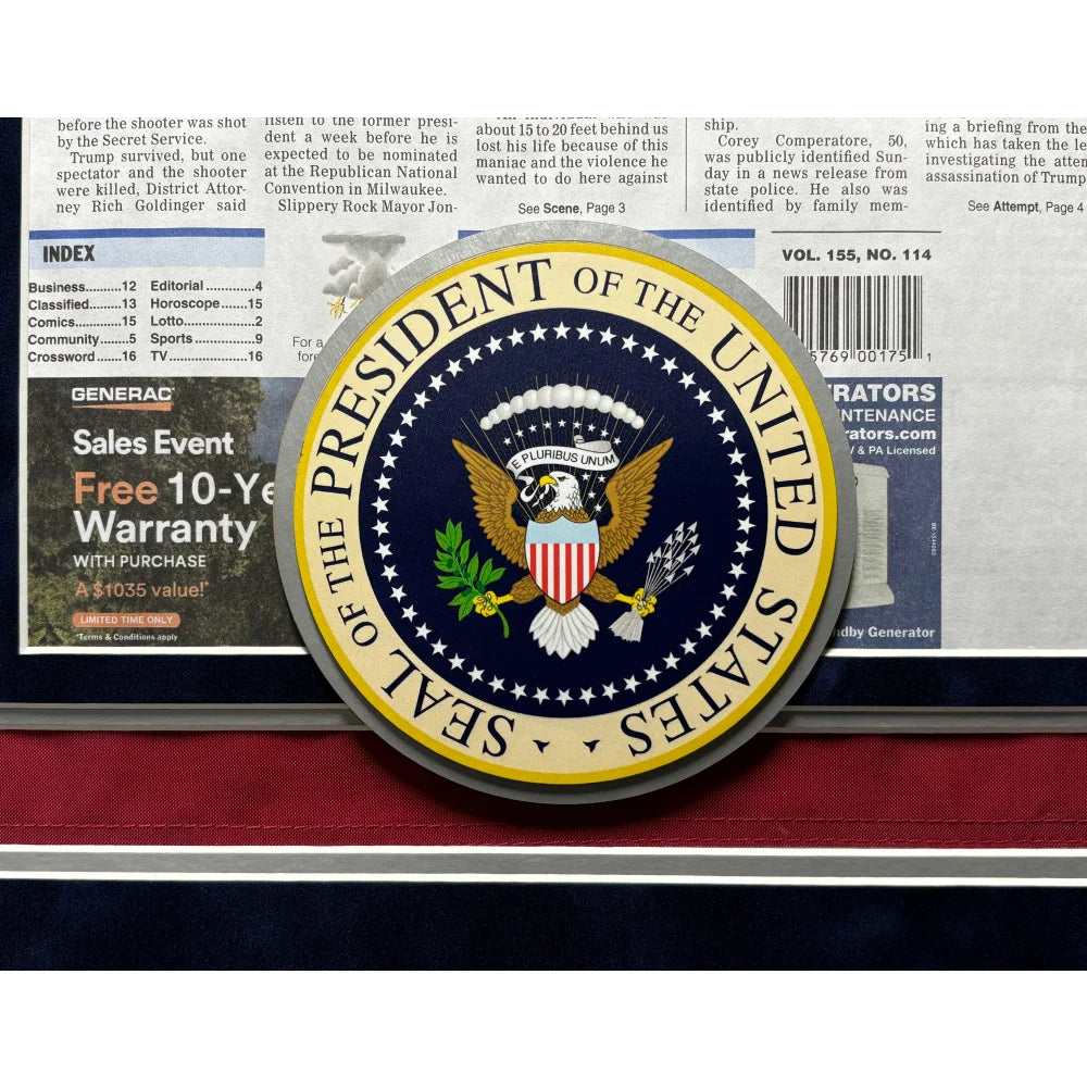 Authentic Donald Trump Autographed USA Flag Framed with Butler PA Newspaper - JSA Certified Assassination Attempt Memorabilia - Perfect for Political Collectors & Patriotic Home Decor
