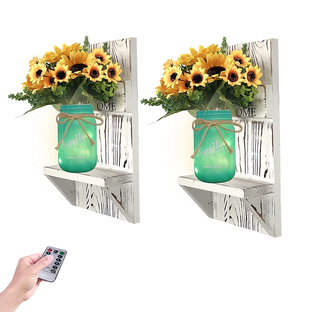 Rustic Wall Hanging Shelves with LED Lights - Set of 2 Mason Jar Sconces for Bathroom & Farmhouse Decor | Blue Mason Jars with Faux Sunflowers & Inspirational Quotes | Perfect for Home, Bedroom, and Office Wall Art