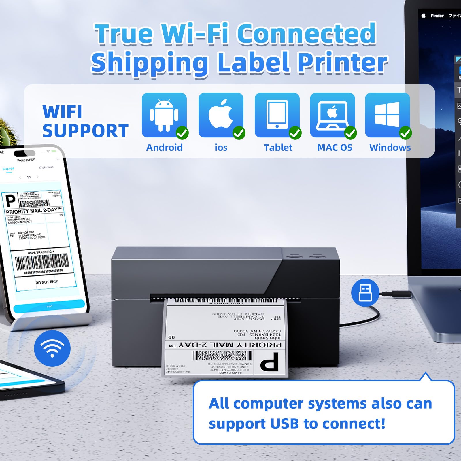 4x6 Wireless Thermal Shipping Label Printer - WiFi & Bluetooth Compatible for eBay, USPS, Shopify, Amazon | Perfect for Small Business, Home & Office Package Shipping