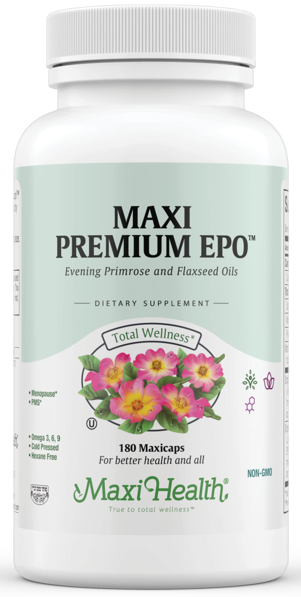 Maxi-Health Evening Primrose Oil & Flaxseed Oil Softgels - Vegan Omega 3 6 9 Supplement for Skin, Hair & Joint Health - Organic, Kosher Certified (180 Count) - Supports Women's Wellness & Hormonal Balance