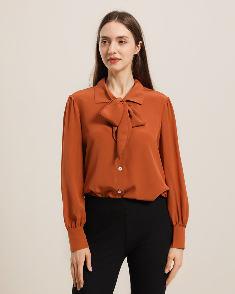 Elegant Silk Blouse with Bow Tie Collar - Women's Formal Office Wear & Evening Party Attire