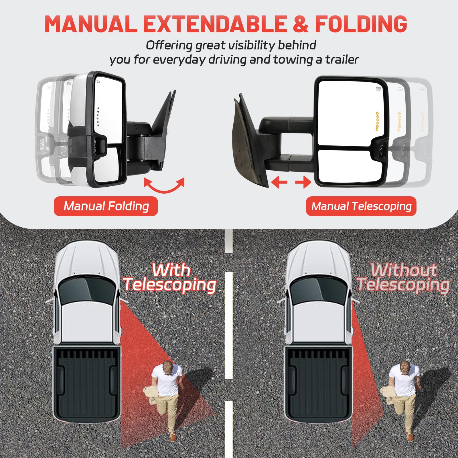 Heavy Duty Towing Mirrors for 2007-2013 Chevy Silverado & GMC Sierra 1500/2500/3500 HD (Fits 2014 2500HD/3500HD) - Chrome Power Heated with Turn Signal, Manual Folding Extendable Mirror Pair - Perfect for Towing Trailers, Boats & RVs
