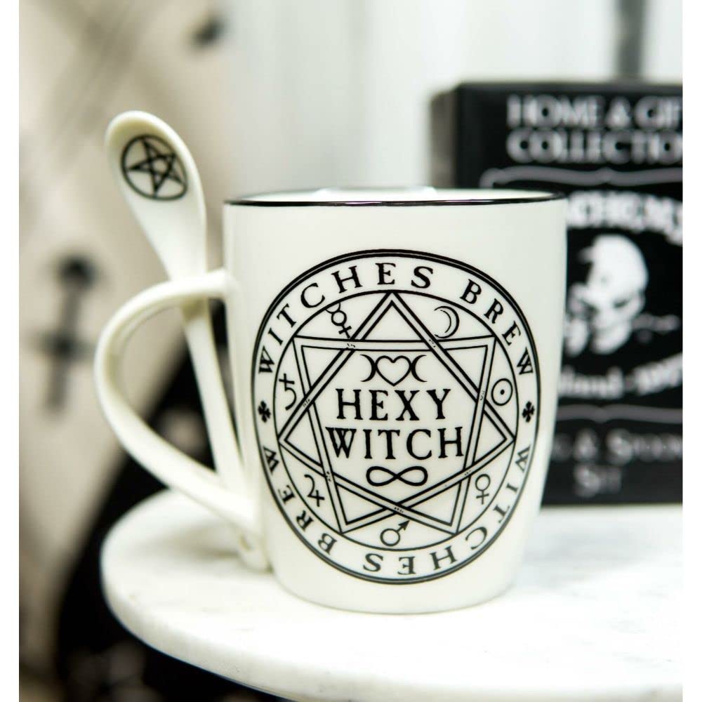 Witchy Coffee Mug Set with Pentacle Symbols & Spoon - Perfect for Witches Brew, Pagan Rituals & Gothic Kitchen Decor