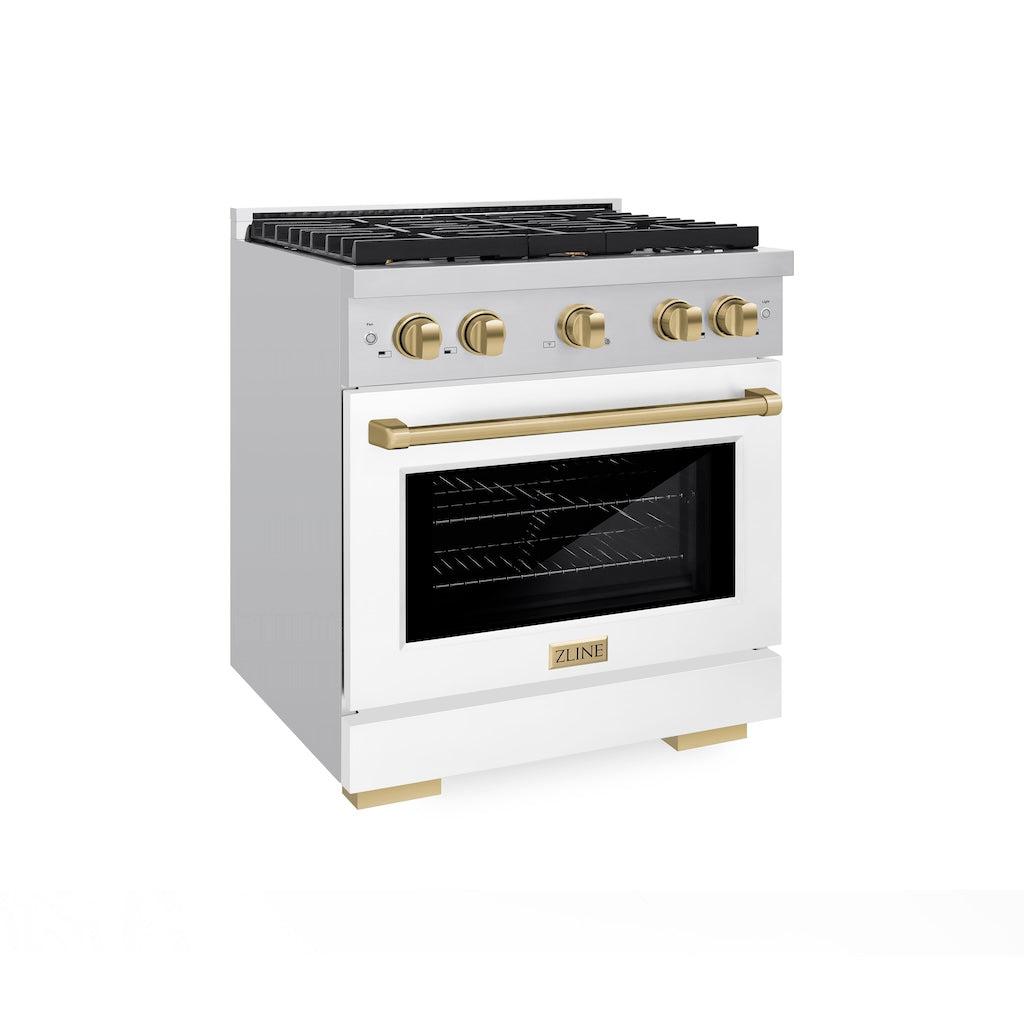 ZLINE Autograph Edition 30-inch 4.2 cu. ft. Stainless Steel Gas Range with 4 Burner Cooktop, Convection Oven & White Matte Door - Champagne Bronze Accents (SGRZ WM 30 CB) - Perfect for Modern Kitchens & Professional Cooking
