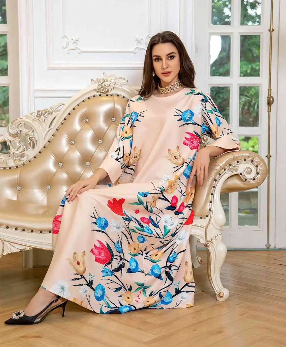 Elegant Eid Dress for Women - Arab Printed Kaftan Caftan Abaya Dress with Long Sleeves - Perfect for Eid Celebrations, Weddings & Special Occasions
