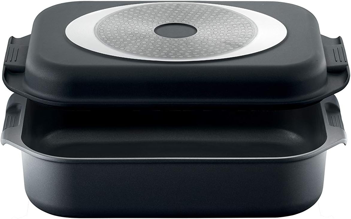 Trudeau Heroic 13 x 9 Inch Black Roaster Pan with Grill Lid - Perfect for Oven Baking, Grilling, and Serving Dishes at Family Gatherings