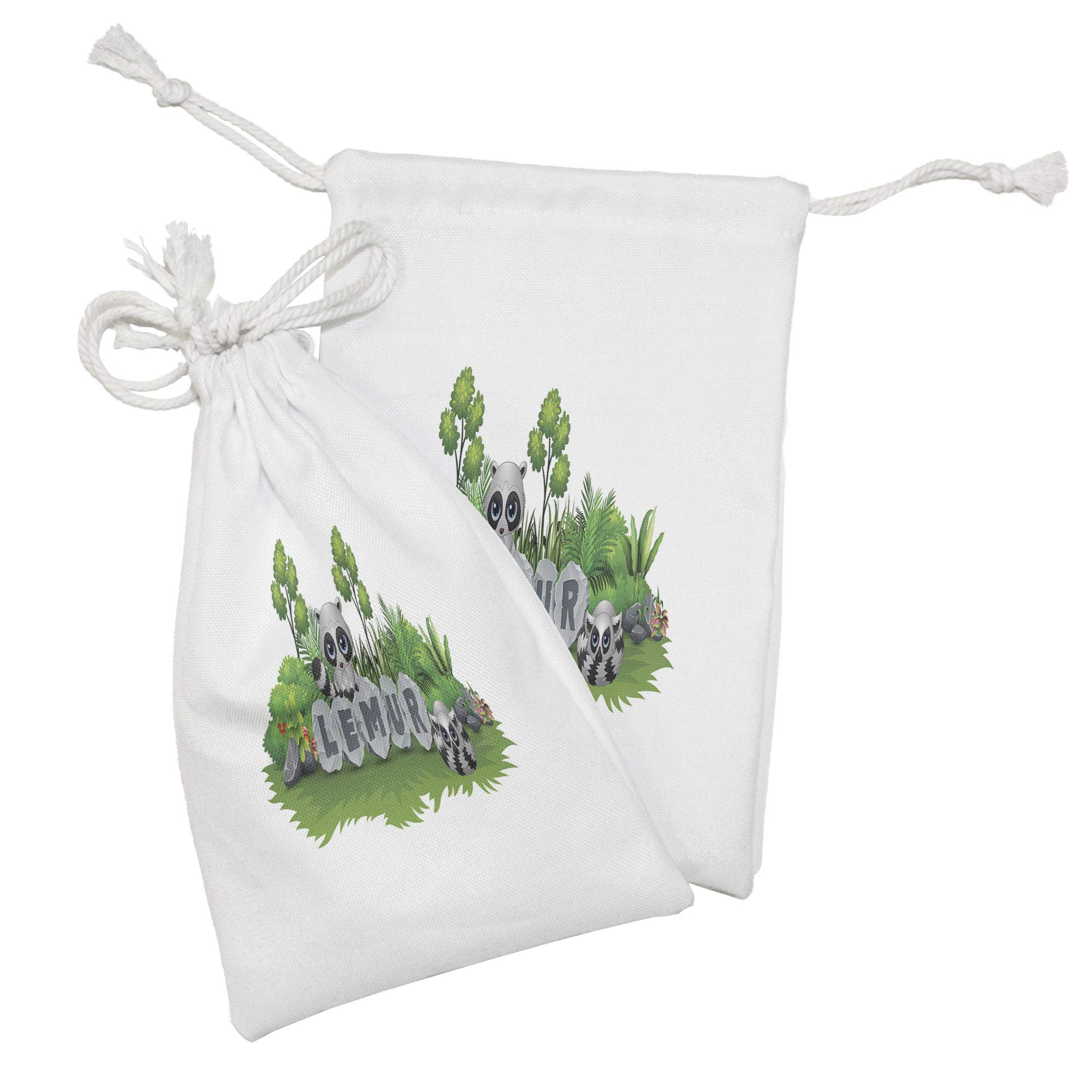 Ambesonne Lemur Fabric Pouch Set of 2 - Ring Tailed Madagascar Animal Forest Design Drawstring Bags for Toiletries, Masks & Party Favors (9