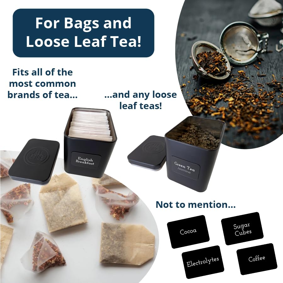 Premium AllSpice Tea Organizer Rack with 9 Airtight Tins & 160 Magnetic Labels – Perfect for Bagged & Loose Leaf Tea Storage – White – Ideal for Kitchen Countertops, Pantry Organization & Tea Lover Gifts