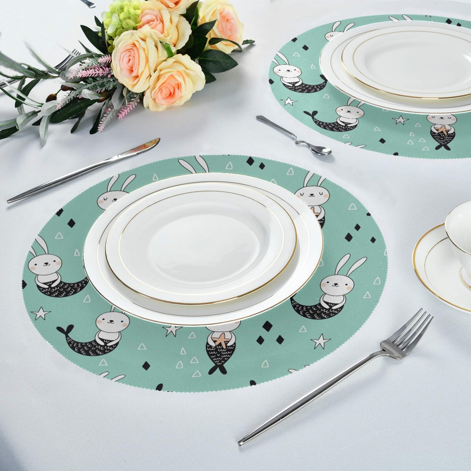 Cute Bunny Rabbit & Mermaid Round Placemat Set - Heat Resistant Washable Table Mats for Dining, Kitchen, Party & Home Decor - Perfect for Everyday Use, Family Gatherings and Themed Events