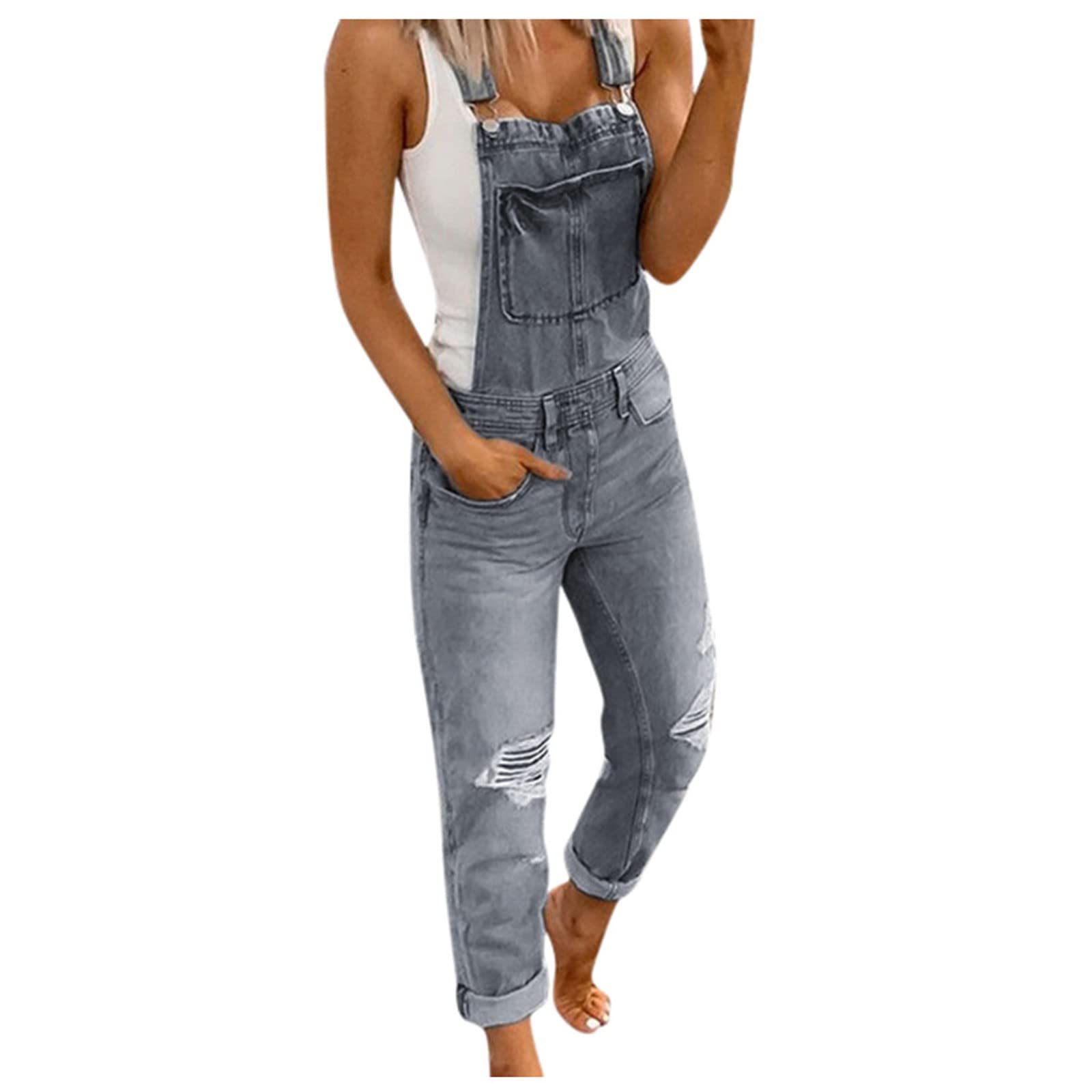 Women's Distressed Washed Denim Bib Overalls - Casual Ripped Jumpsuit Romper for Juniors | Perfect for Streetwear, Music Festivals & Everyday Fashion