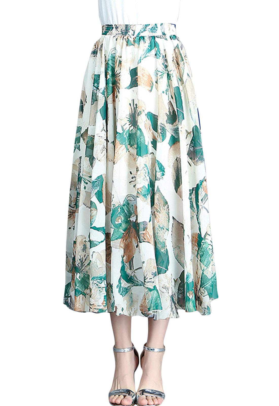 Flygo Women's Bohemian Floral Print Pleated Chiffon Maxi Skirt - Elegant Gypsy Swing Dress for Beach, Festival & Summer Vacation