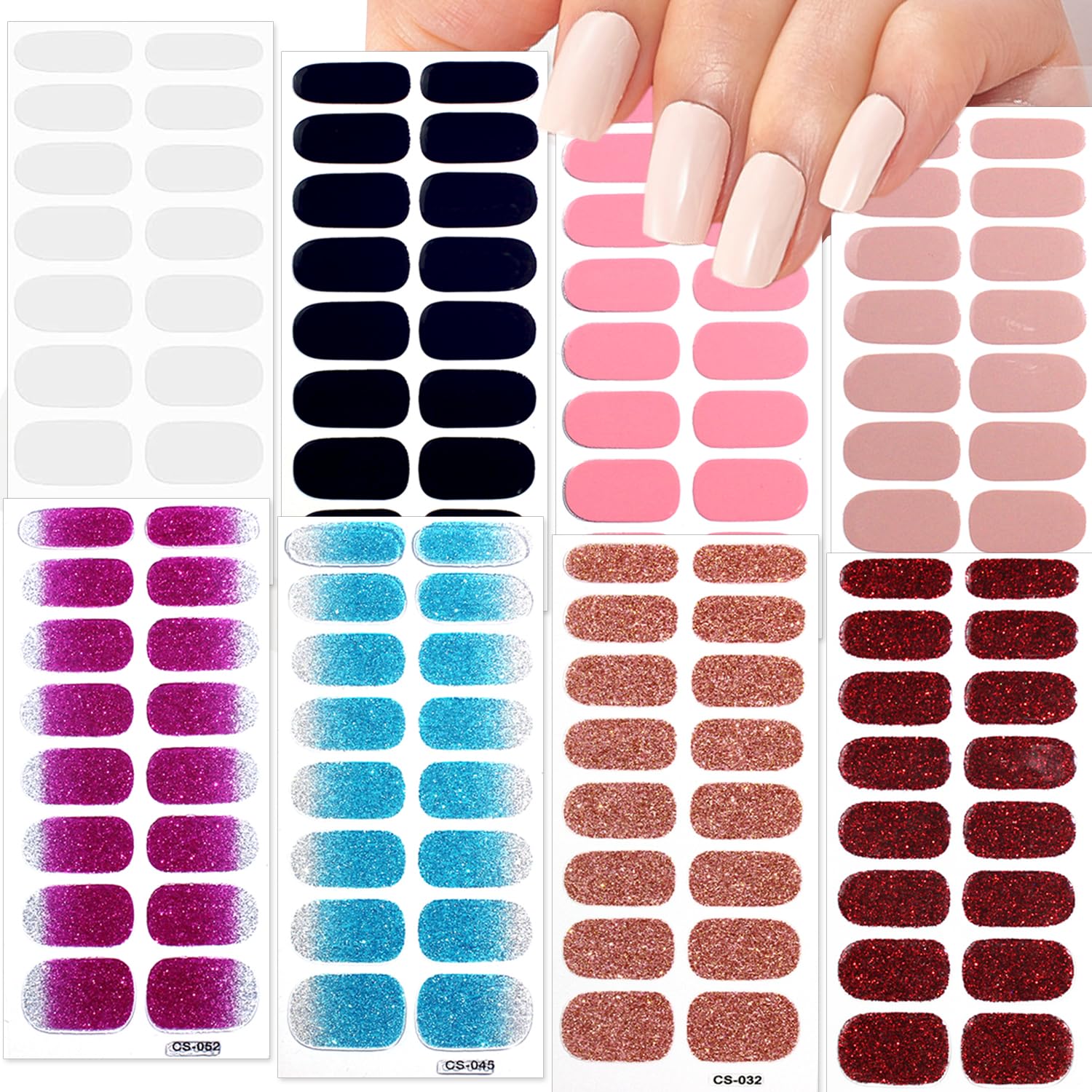 NEWSPIED 8 Sheets Gel Nail Strips - Self Adhesive Nail Stickers with Gradient, Glitter & Solid Colors - Full Nail Wraps for Women Manicure - Perfect for Parties, Weddings & Everyday Nail Art Accessories
