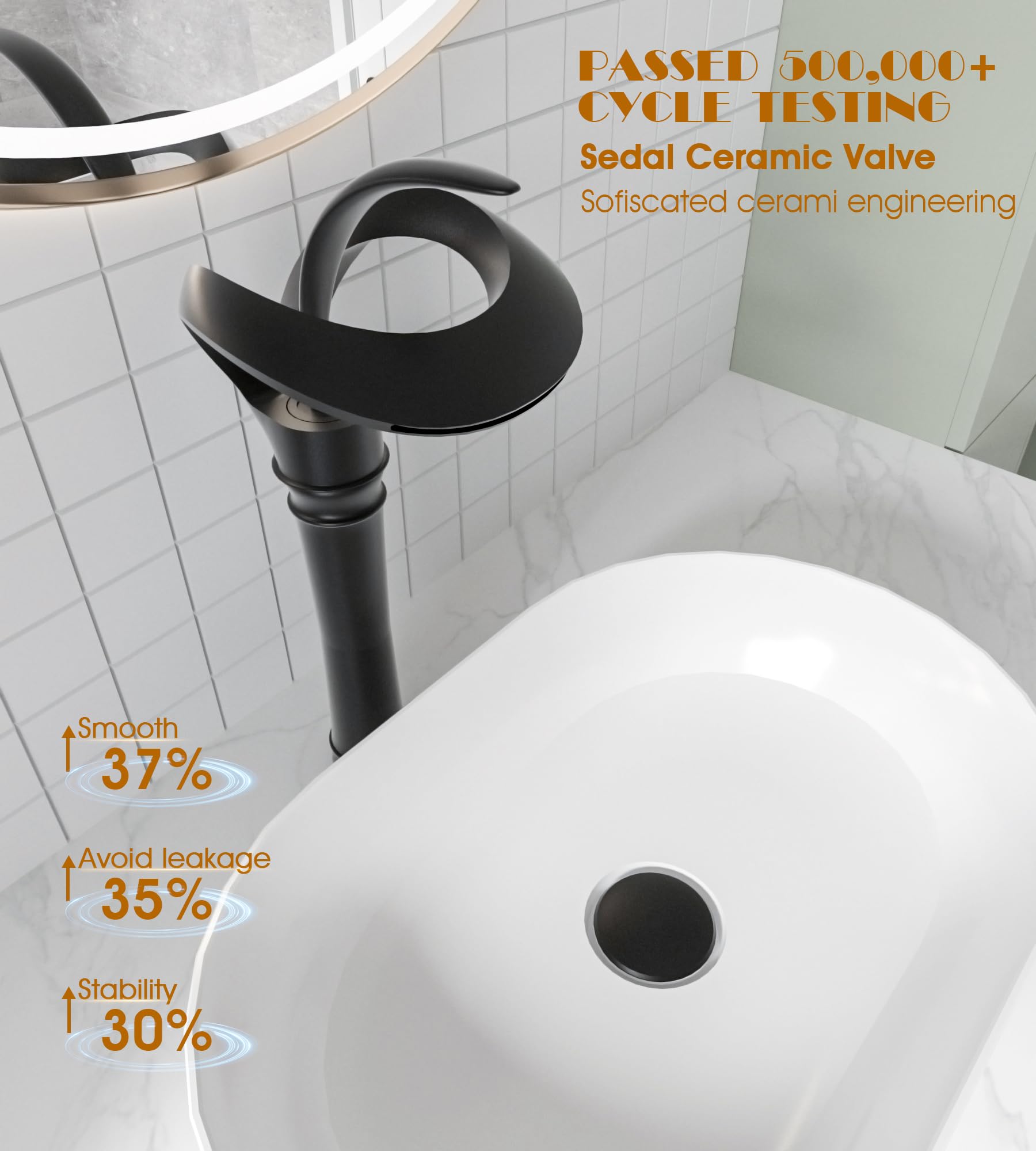 AUU Matte Black Waterfall Single Hole Bathroom Sink Faucet - Solid Brass Tall Vessel Faucet with Pop-Up Drain & Supply Line - Perfect for Modern Vanities & Luxury Bathroom Renovations (Black, Tall)