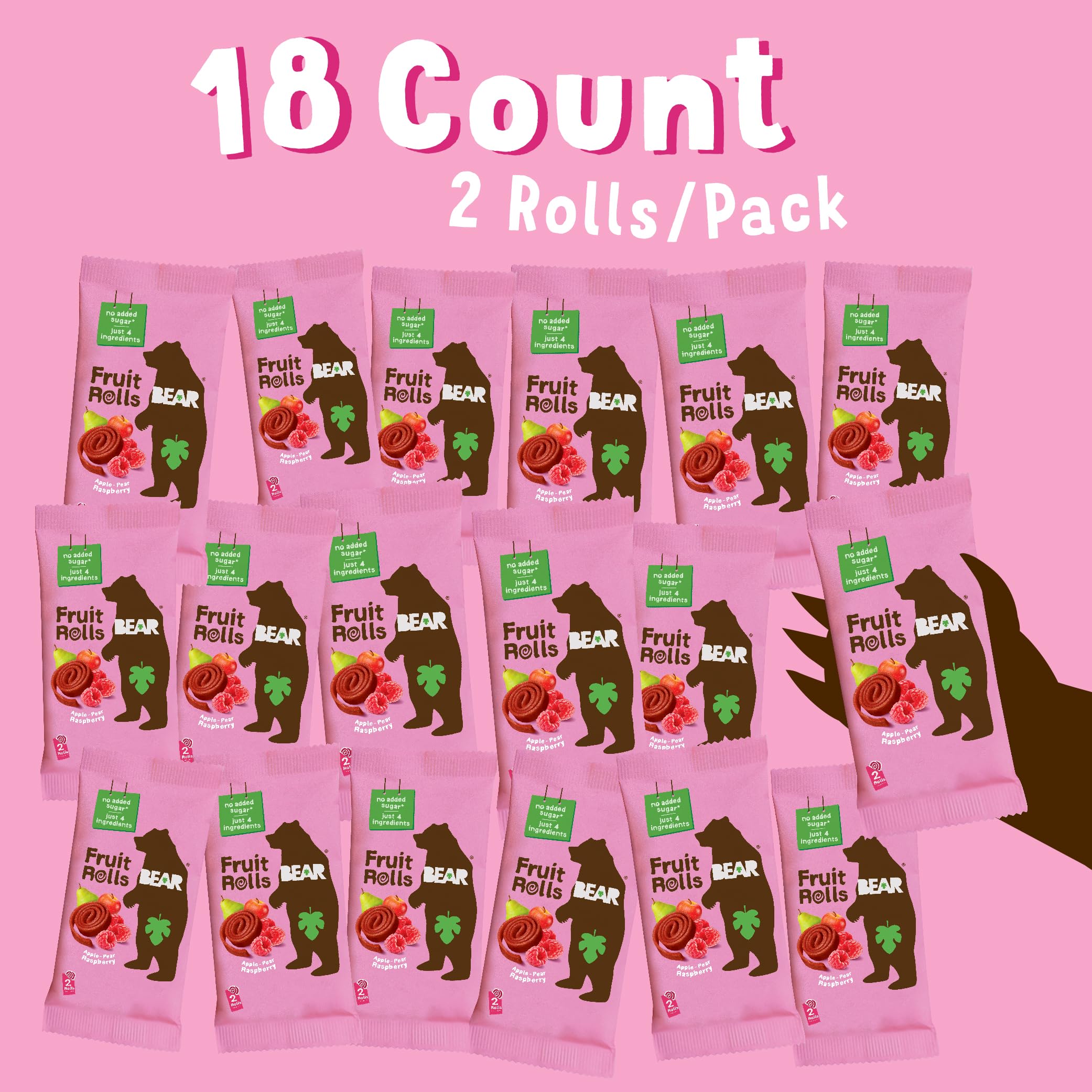 BEAR Real Fruit Snack Rolls - Gluten Free, Vegan, Non-GMO Raspberry - Healthy Snacks for Kids & Adults - Perfect for School & Lunch