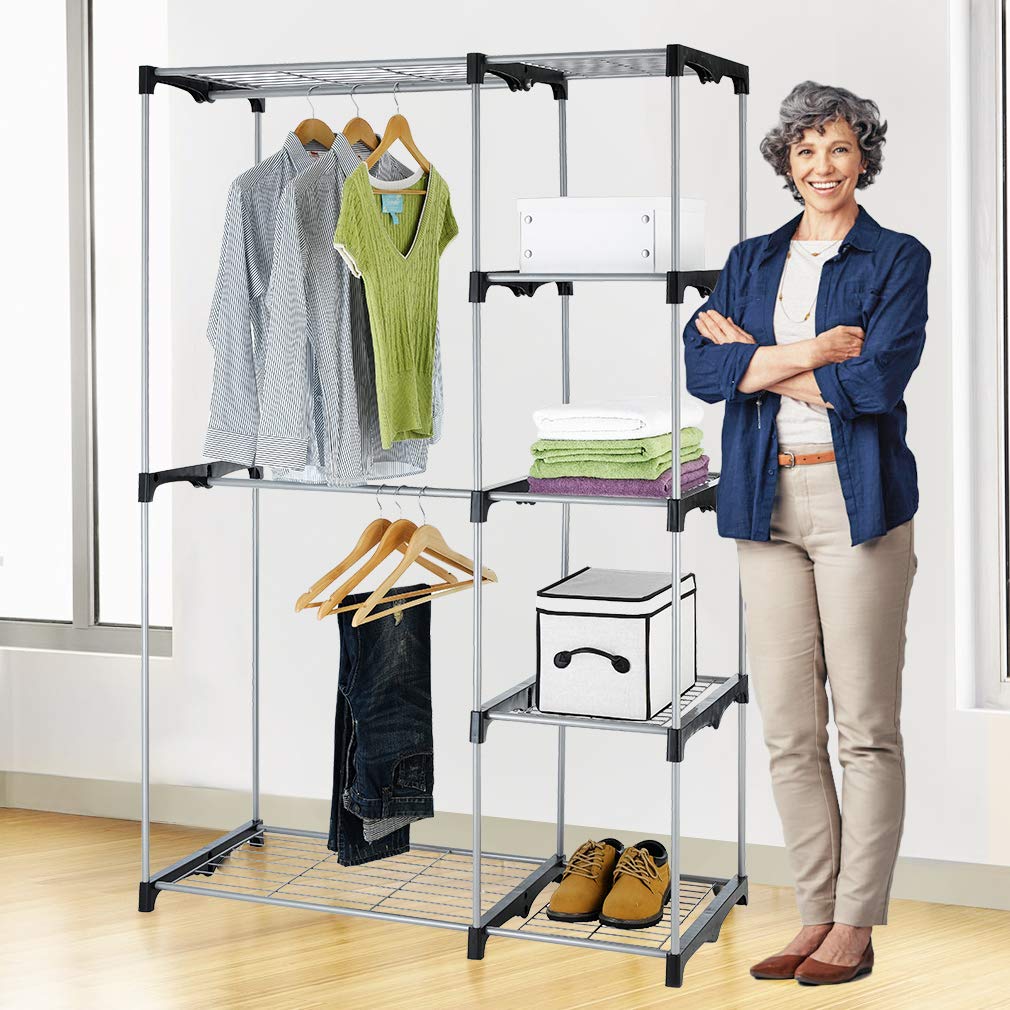 Heavy Duty Hanging Closet Organizer - Large Commercial Grade Metal Garment Rack with Sturdy Rod & Wire Shelving, High Capacity Clothes Storage for Bedroom, Cloakroom, Retail Store (Silver) | Perfect for Home Organization, Clothing Display & Commercial Use
