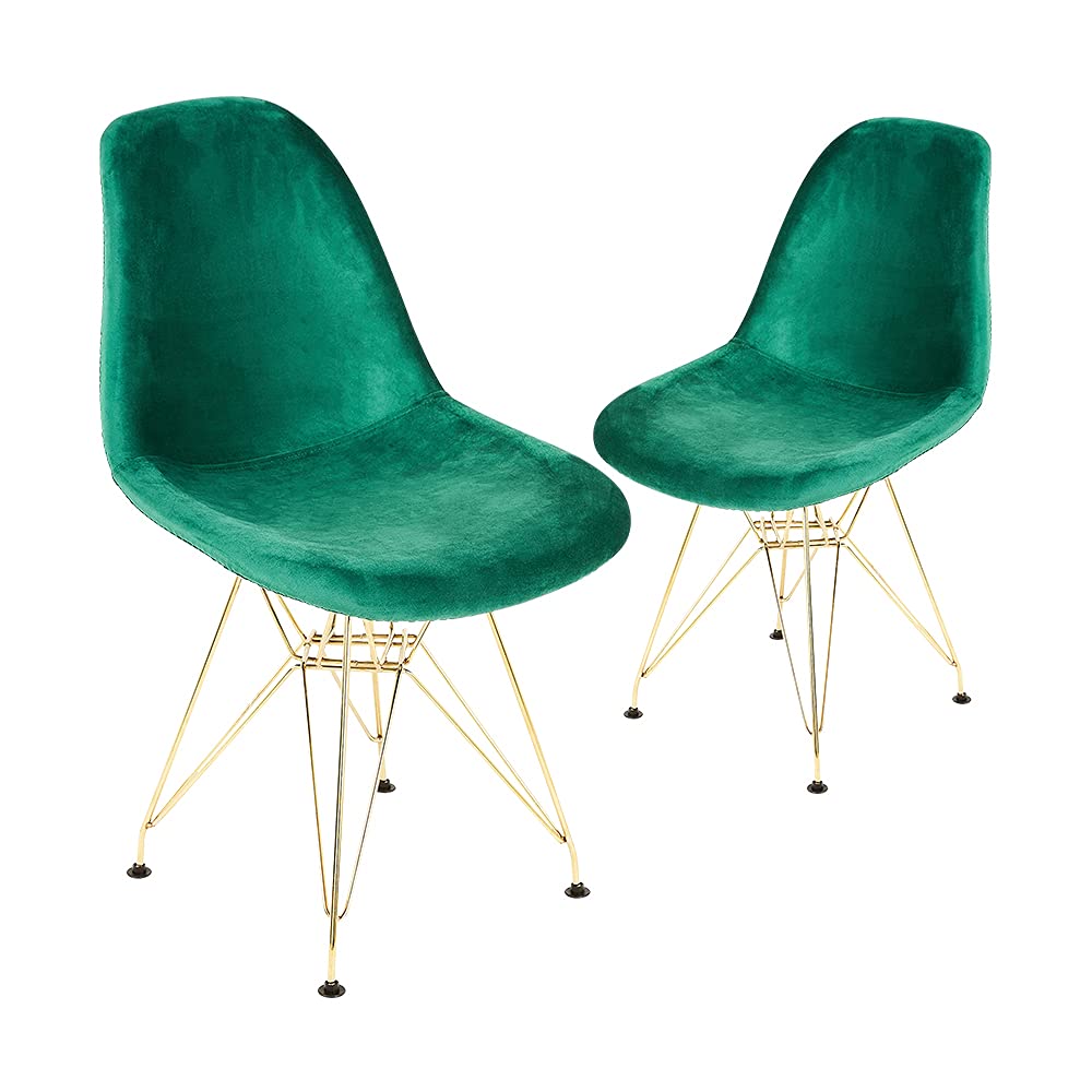 Mid Century Velvet Dining Chairs Set of 2 - Green Upholstered Kitchen Chairs with Metal Legs for Dining Room, Living Room & Bedroom - Elegant Guest Seating for Home Decor
