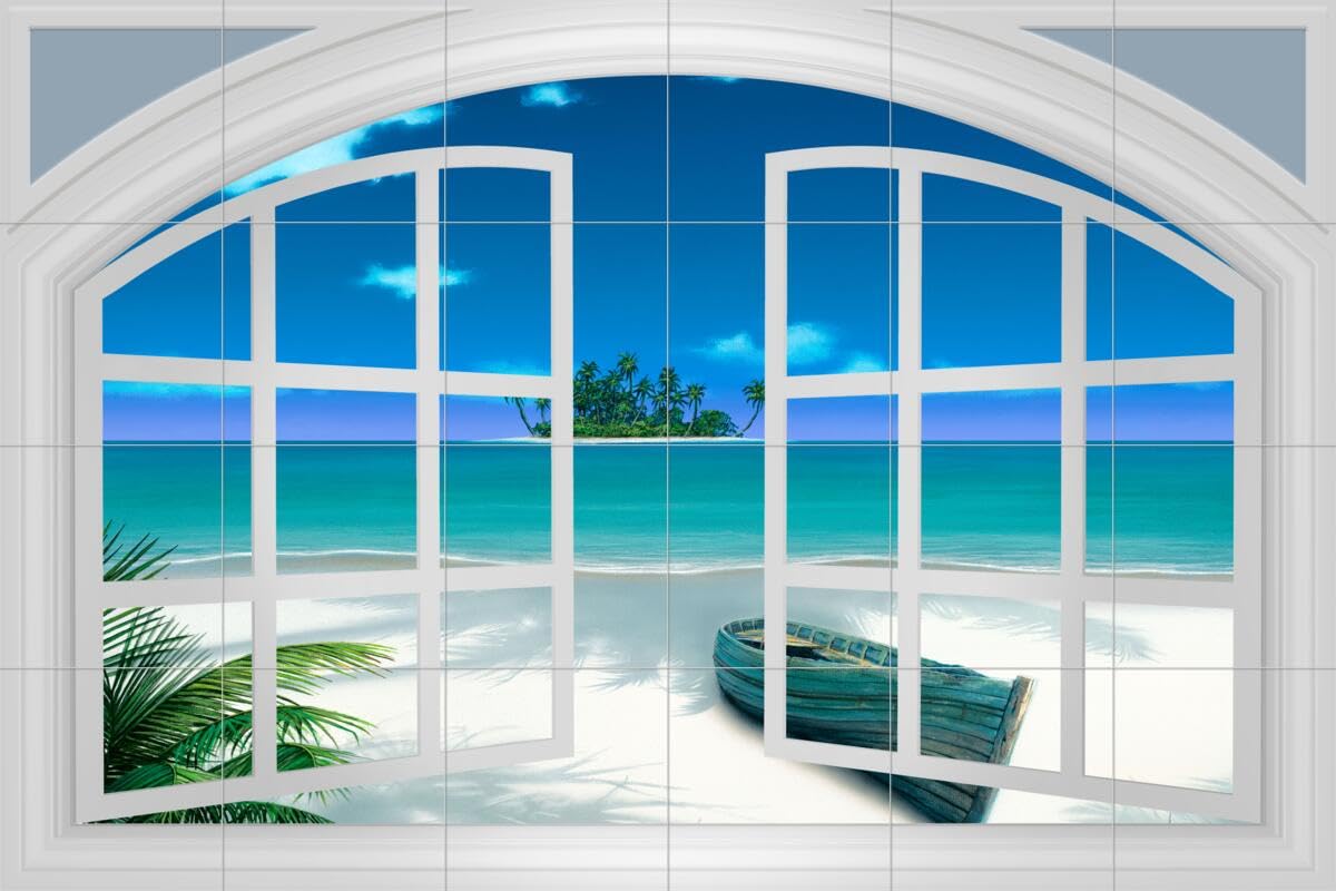 Hand-Painted Ceramic Backsplash Tile Mural - Coastal Beach Scene with Ocean View Through Window - Waterproof Kitchen & Bathroom Wall Decor - Perfect for Beach House, Coastal Cottage or Spa Shower Design