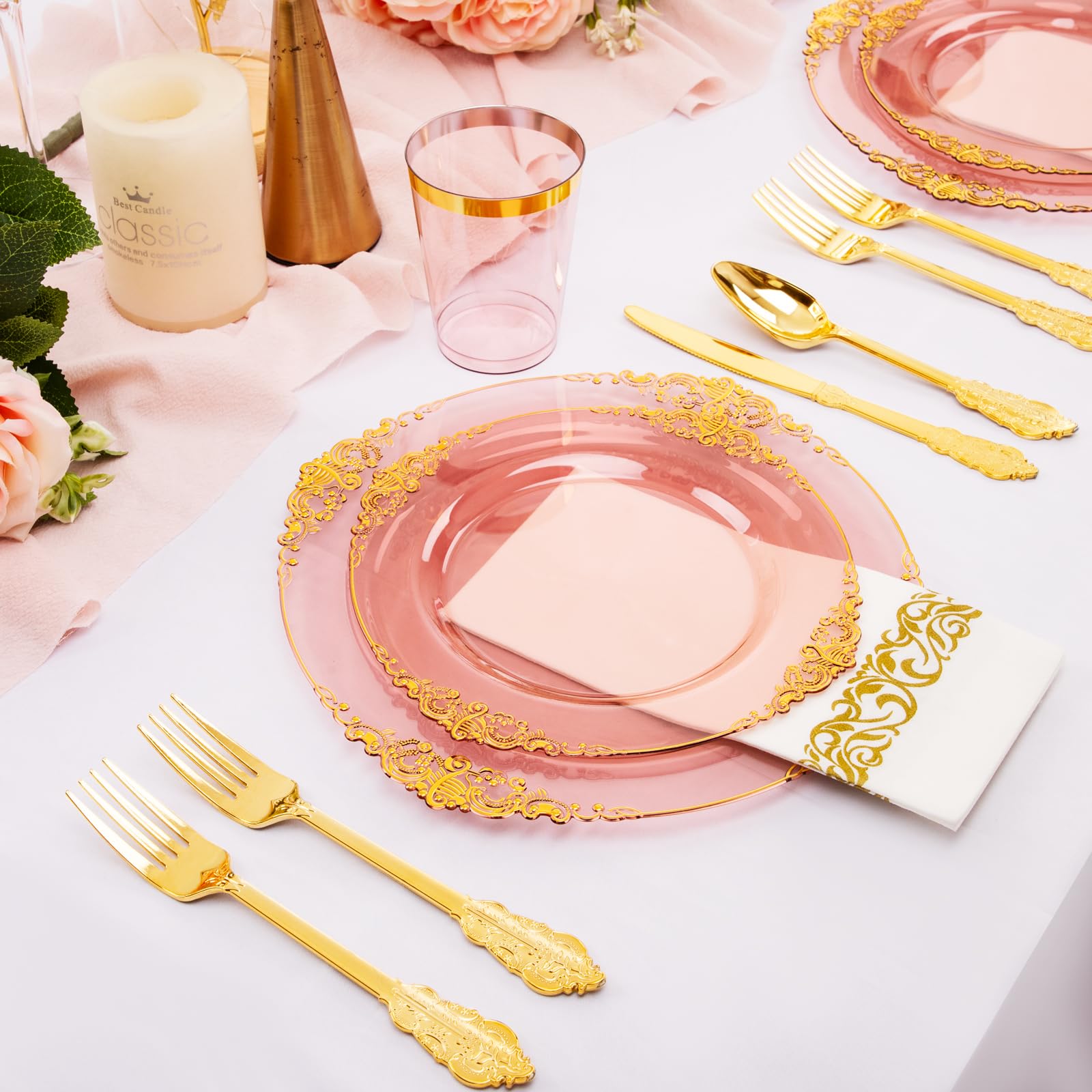 Hioasis 175-Piece Clear Burgundy Plastic Disposable Tableware Set - Includes 25 Dinner Plates, 25 Dessert Plates, 25 Knives, 25 Forks, 25 Spoons, 25 Cups & 25 Napkins - Perfect for Weddings, Parties, BBQs & Outdoor Events