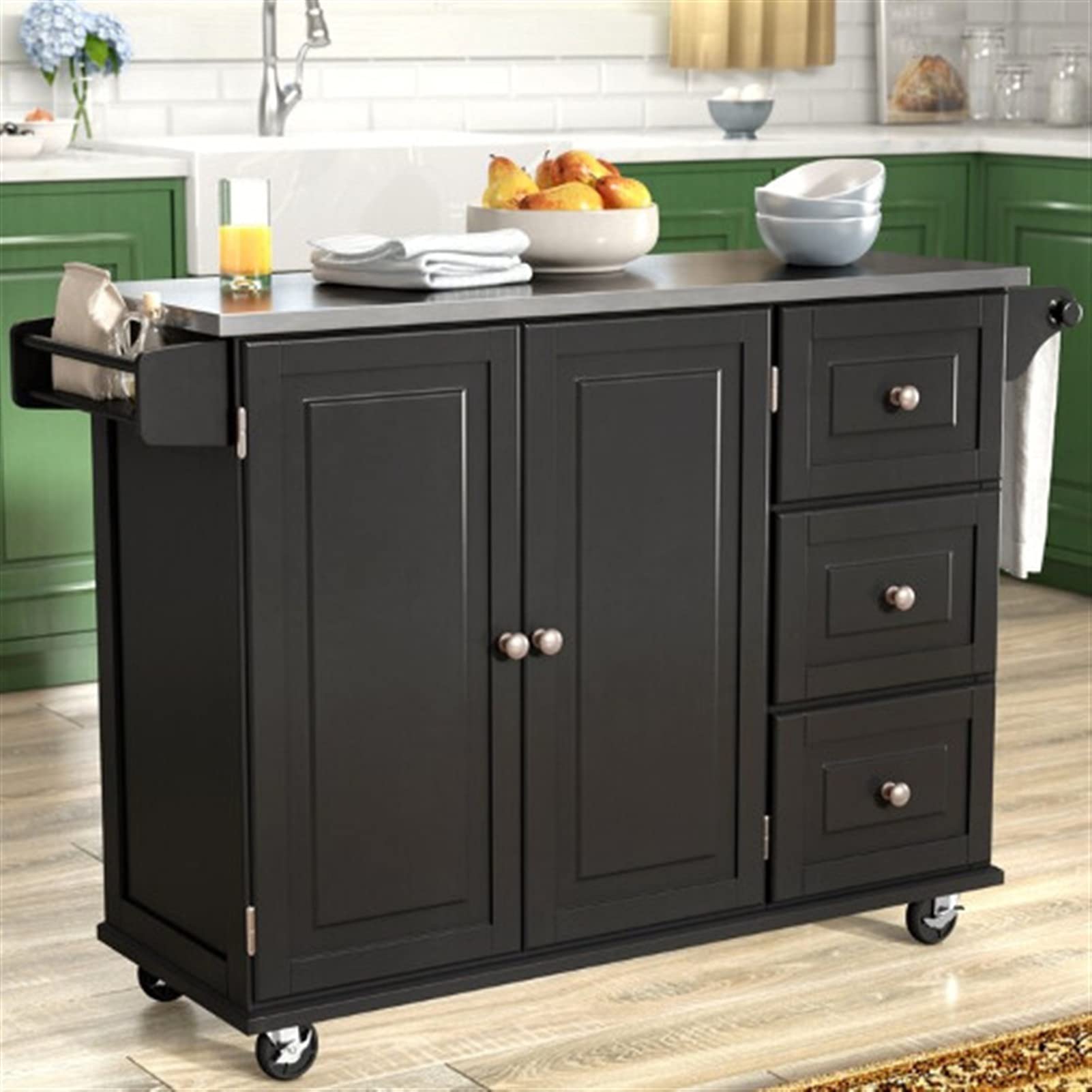 ADHW Black Rolling Kitchen Cart with Stainless Steel Top - Mobile Kitchen Island Storage Cabinet for Small Spaces, Food Prep & Dining | Perfect for Apartments, Dorms & Compact Kitchens