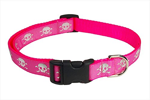 FlyFree Reflective Skull Dog Collar - Pink Small Size, Adjustable & Durable Pet Collar for Nighttime Safety Walks, Training & Outdoor Adventures