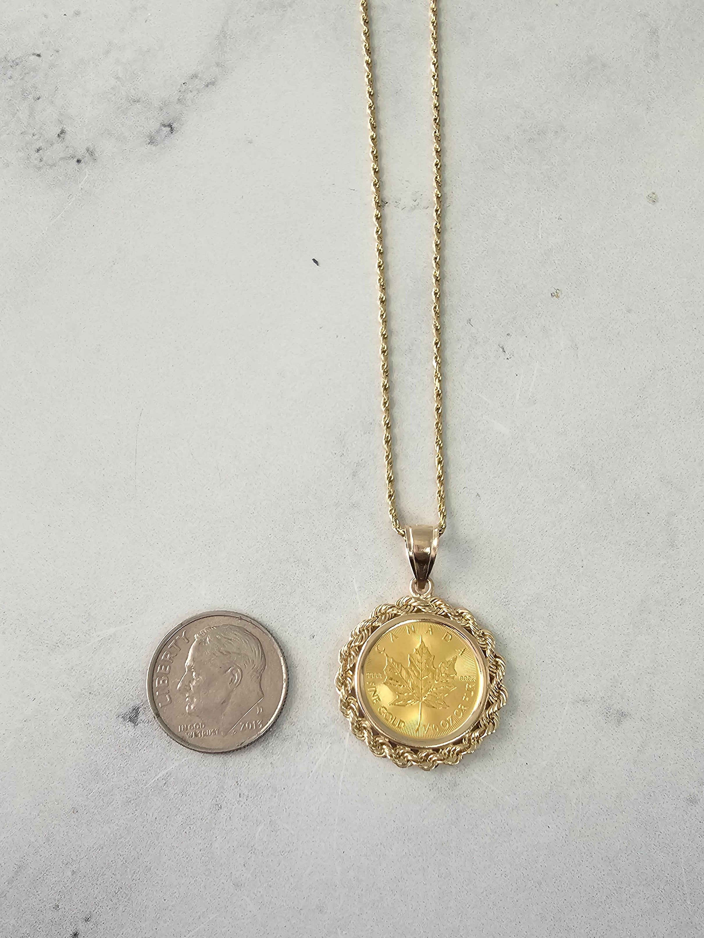 1/10 oz Fine Gold Canadian Maple Leaf Coin Necklace with Rope Bezel - Elegant Jewelry Gift for Women, Perfect for Weddings, Anniversaries & Special Occasions