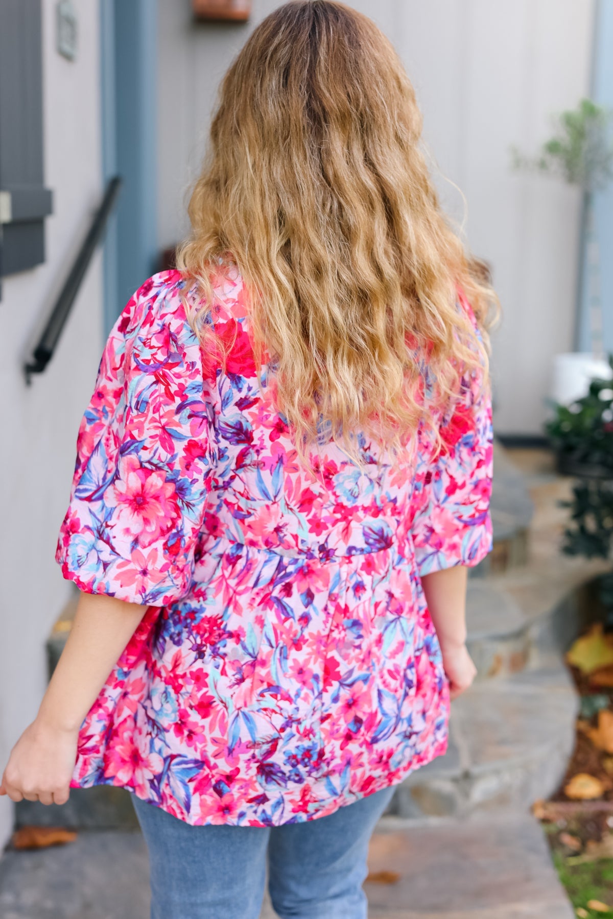 Feeling Femmi Pink & Fuchsia Floral Peplum Woven Top for Women - Elegant Blouse for Spring Summer Outfits, Date Night & Office Wear