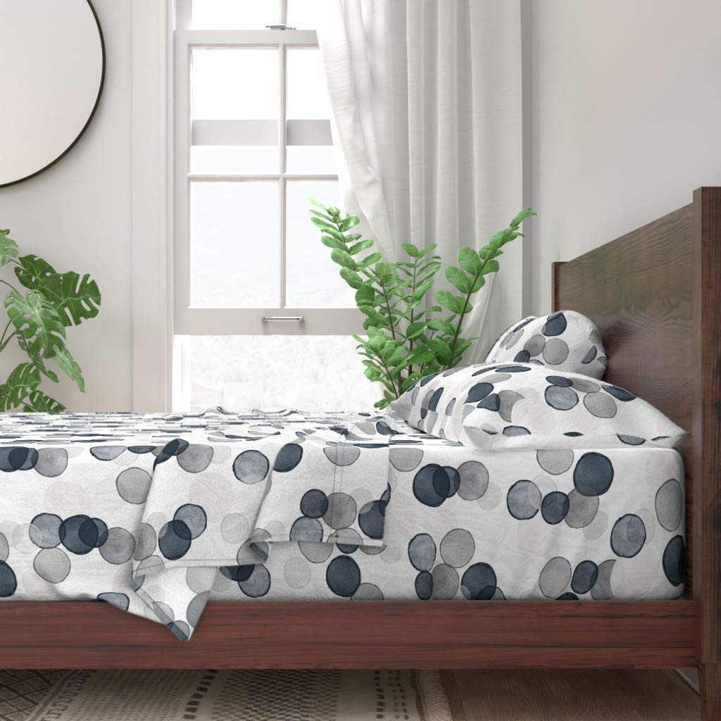 Watercolor Bubbles & Neutral Dots 100% Cotton Queen 4-Piece Sheet Set - Soft Breathable Bedding for Comfortable Sleep | Gray Charcoal Polka Dot Print Custom Bed Sheets for Master Bedroom & Guest Room