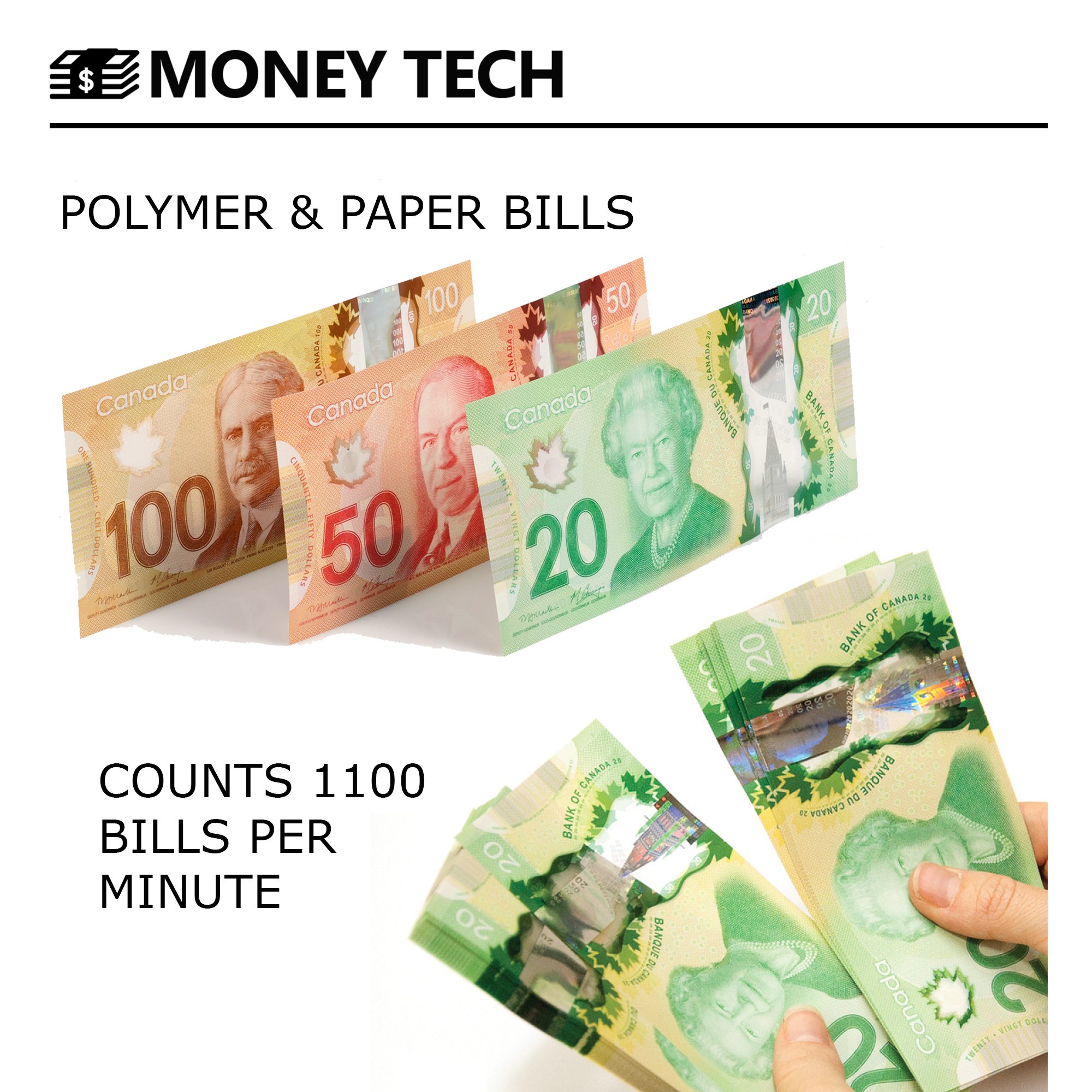 Money Tech Polymer & Paper Multi-Currency Bill Counter - Compact Cash Counting Machine for USD & CAD with Counterfeit Detection & LCD Display | Perfect for Banks, Retail Stores & Small Businesses