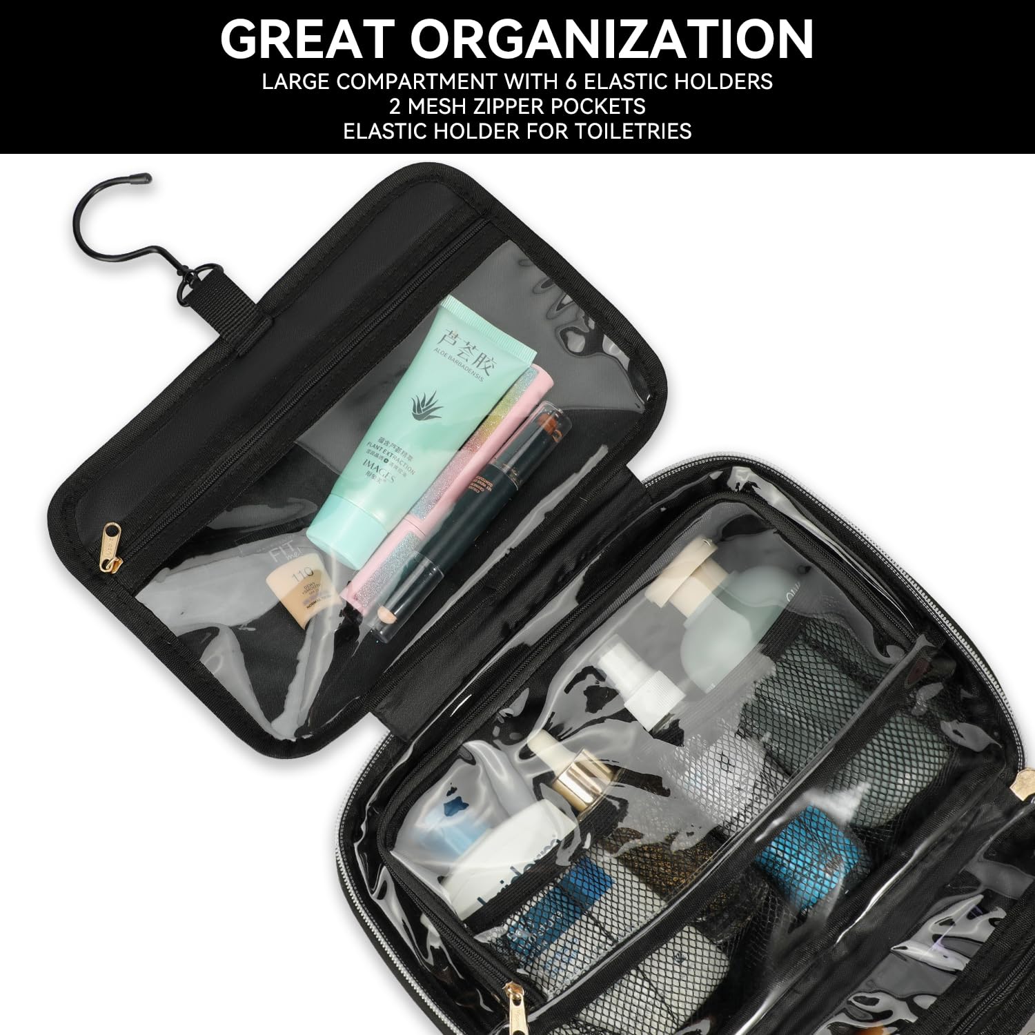 Voova Waterproof Hanging Travel Toiletry Bag for Women & Men - Large Cosmetic Organizer with Full-Sized Container & Brush Holder - Perfect for Shampoo, Makeup Essentials & Travel Accessories (Black) | Ideal for Camping, Gym, Business Trips & Vacation Packing